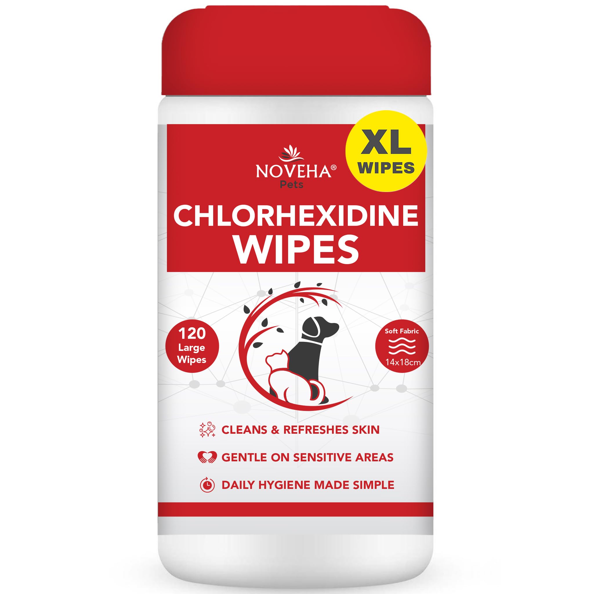 NOVEHA Chlorhexidine XL Pet Wipes for Dogs & Cats, 120 Large Wipes (14 x 18 cm), Everyday Pet Hygiene Wipes for Facial Folds, Paws, Underarms & Sensitive Areas