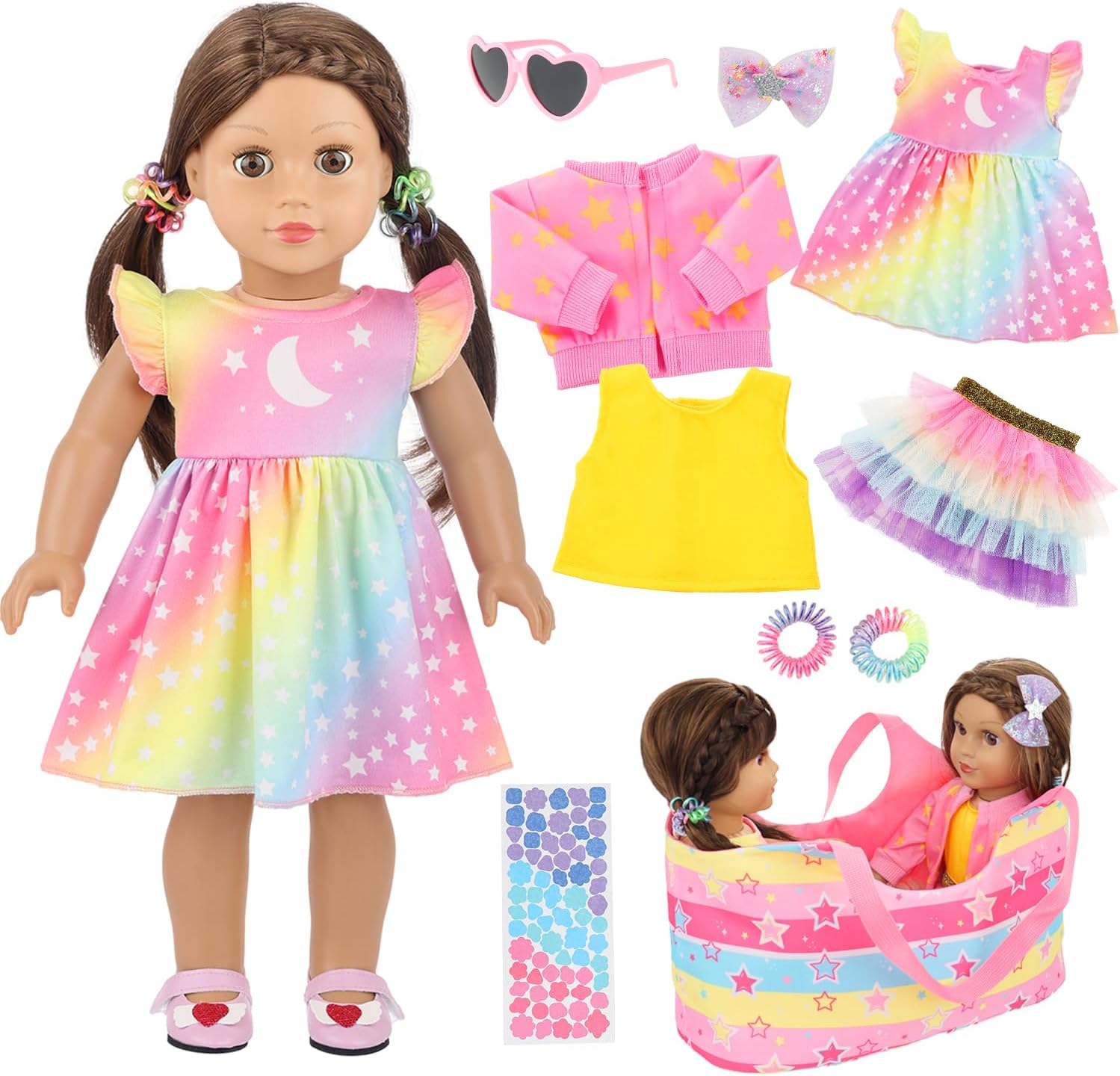 Ecore Fun 18 Inch Doll Accessories Set - 10 PCS Storage Basket Carrier Bag Set for 18" Dolls with Rainbow Dress, 3-Pieces Outfits, Hairpins, 2 Hairties, Sunglasses, Sticker