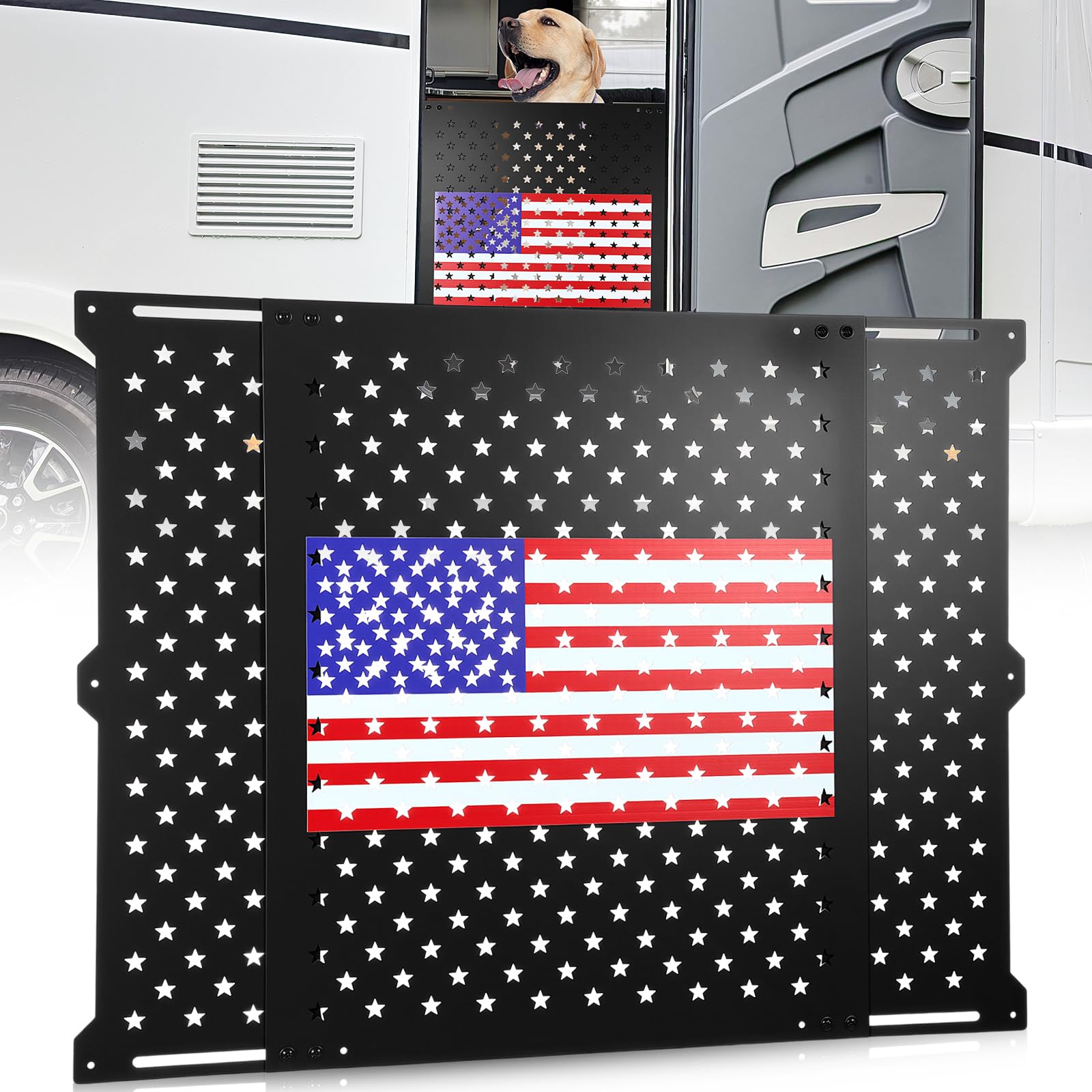 Photo 1 of *scratches* Gisafai 24" Adjustable Rv Screen Door Protector, Aluminum Grille Guard for Dogs, Fits 22"-31.5" Wide Camper Doors, Rv Entry Screen Door Shield, USA Flag and Star Design
