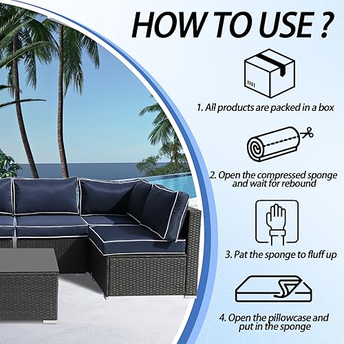 Miniatura 5 de Cojines de exterior para muebles de patio, 14 cojines de repuesto resistentes al agua para 6 asientos, juego de conversación seccional de ratán para