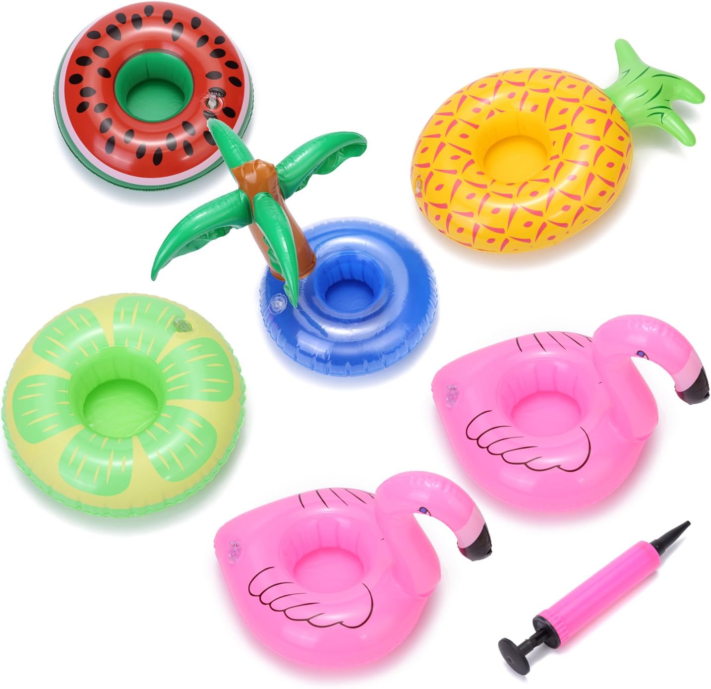 Inflatable Drink Floats for Swimming Pool Party - Watermelon, Lime, Pineapple, Palm Trees, and Flamingo - a FREE Mini Air Pump Included - Pack of 6