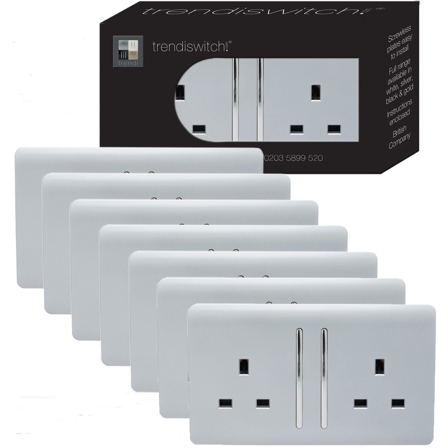 Trendi 2 Gang Artistic Modern Glossy 13 Amp Switched Plug Socket (7 Pack)