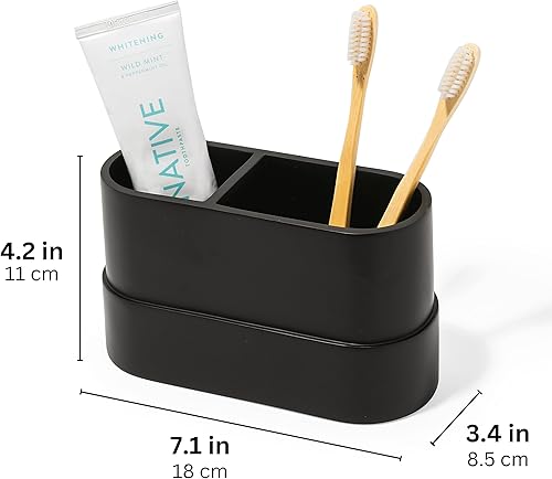 Miniatura 5 de Soporte grande para cepillo de dientes y pasta de dientes negro mate y taza para tocador de baño y encimera, organizador de 2 compartimentos para