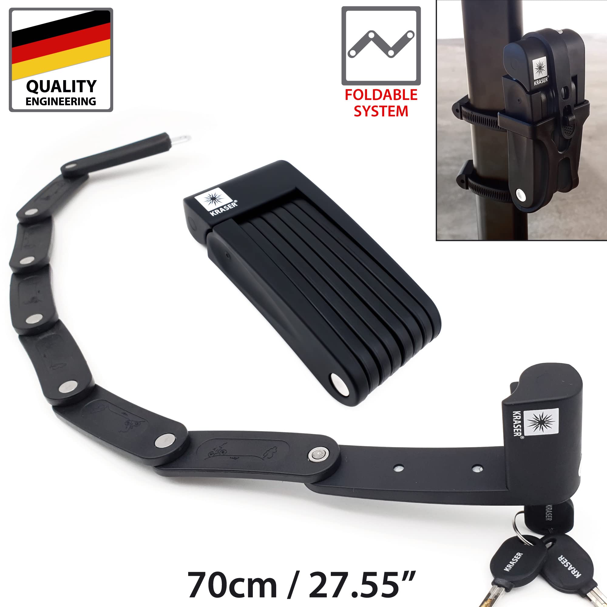 KRASER KR7022B Faltschloss – 70 Cm Gehärteter Stahl, 6 Mm Glieder, Inkl. Halterung & 3 Schlüsseln, Schwarz KRASER KR7022B Faltschloss – 70 Cm Gehärteter Stahl, 6 Mm Glieder, Inkl. Halterung & 3 Schlüsseln, Schwarz
