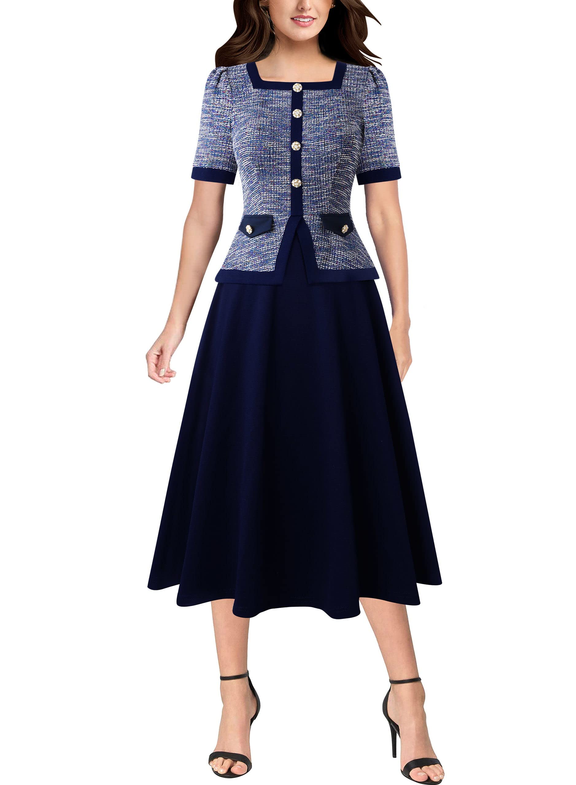 VFSHOWWomens Square Neck Buttons Peplum Slim Wear to Work Office Business Party A-Line Midi Dress