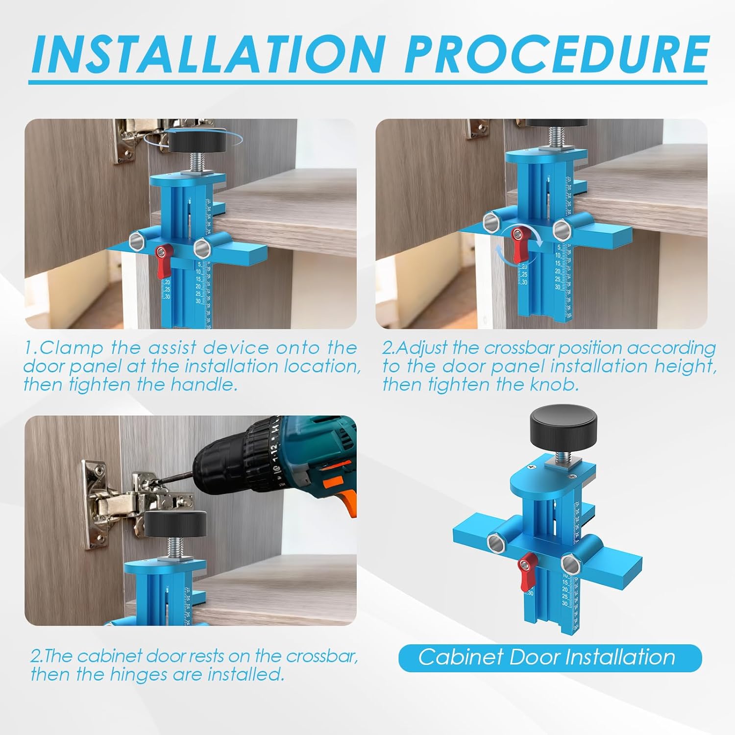 Upgrade 3 in 1 Cabinet Door Mounting Jig with Support Base for Frameless or Face Frame Cabinet Doors, Adjustable Aluminium Alloy Furniture Hardware Jig, Rebound Device Tool Installation Positioner