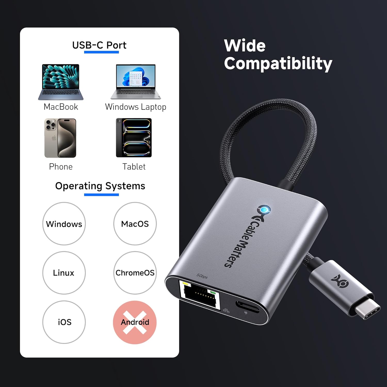 Cable Matters USB C to 5Gb Ethernet Adapter with 140W Charging, 5GbE USB C to Ethernet Adapter, Compatible with USB4, Thunderbolt 5/4, MacBook, Laptop & USB-C Devices