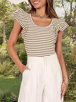 ZESICA Women's Ruffle Short Sleeve Striped T Shirts Summer Scoop