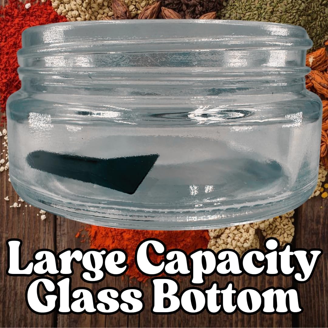 Spice Grinder. 2.5 inch herb grinder with jar attached. Jar offers a larger storage capacity. Aluminum alloy top and teeth with glass bottom.