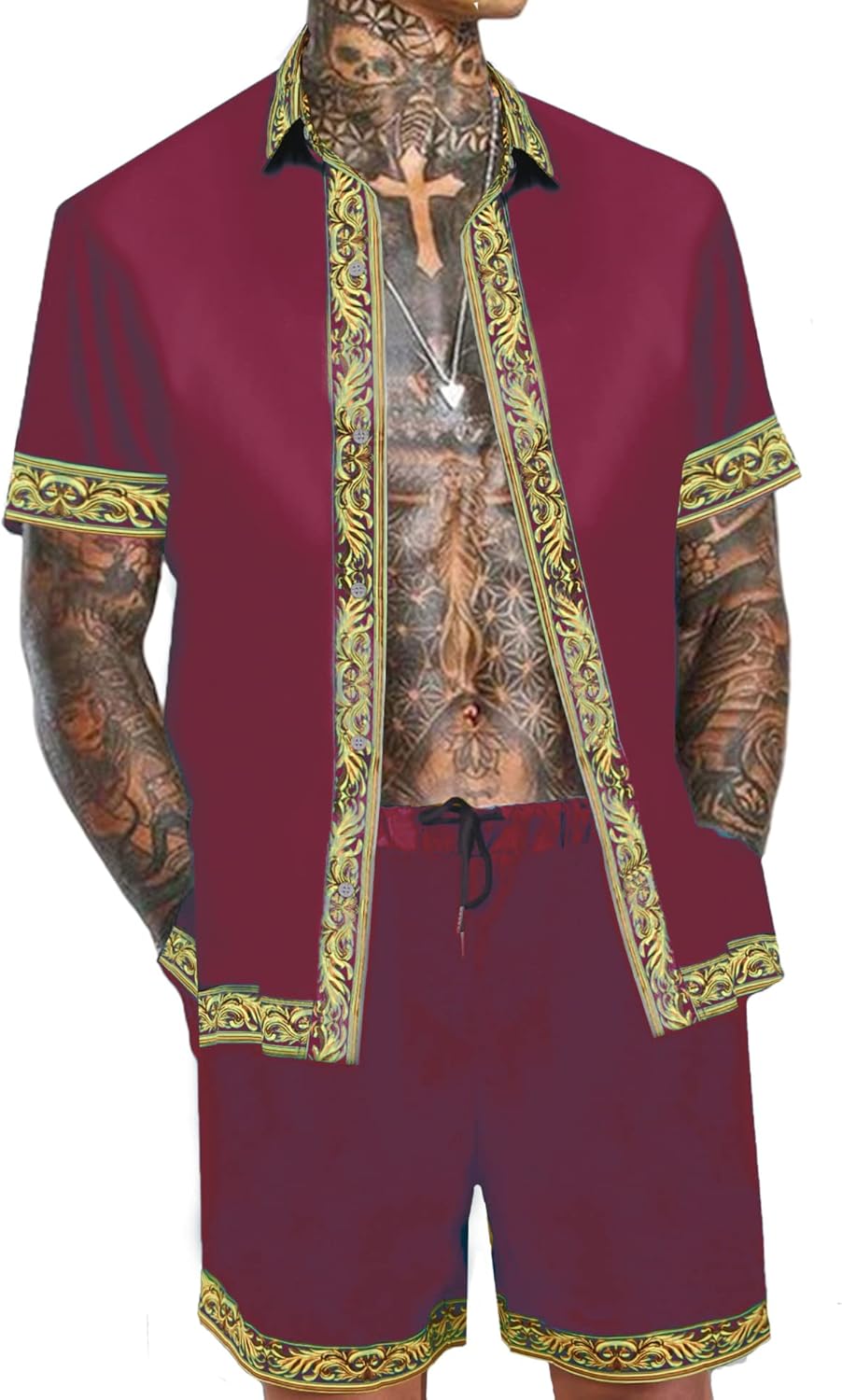 Men's Hawaiian Shirt and Short Set 2 Piece Outfits Luxury Printed Casual Button Down Short Sleeve Satin Shirt Suits