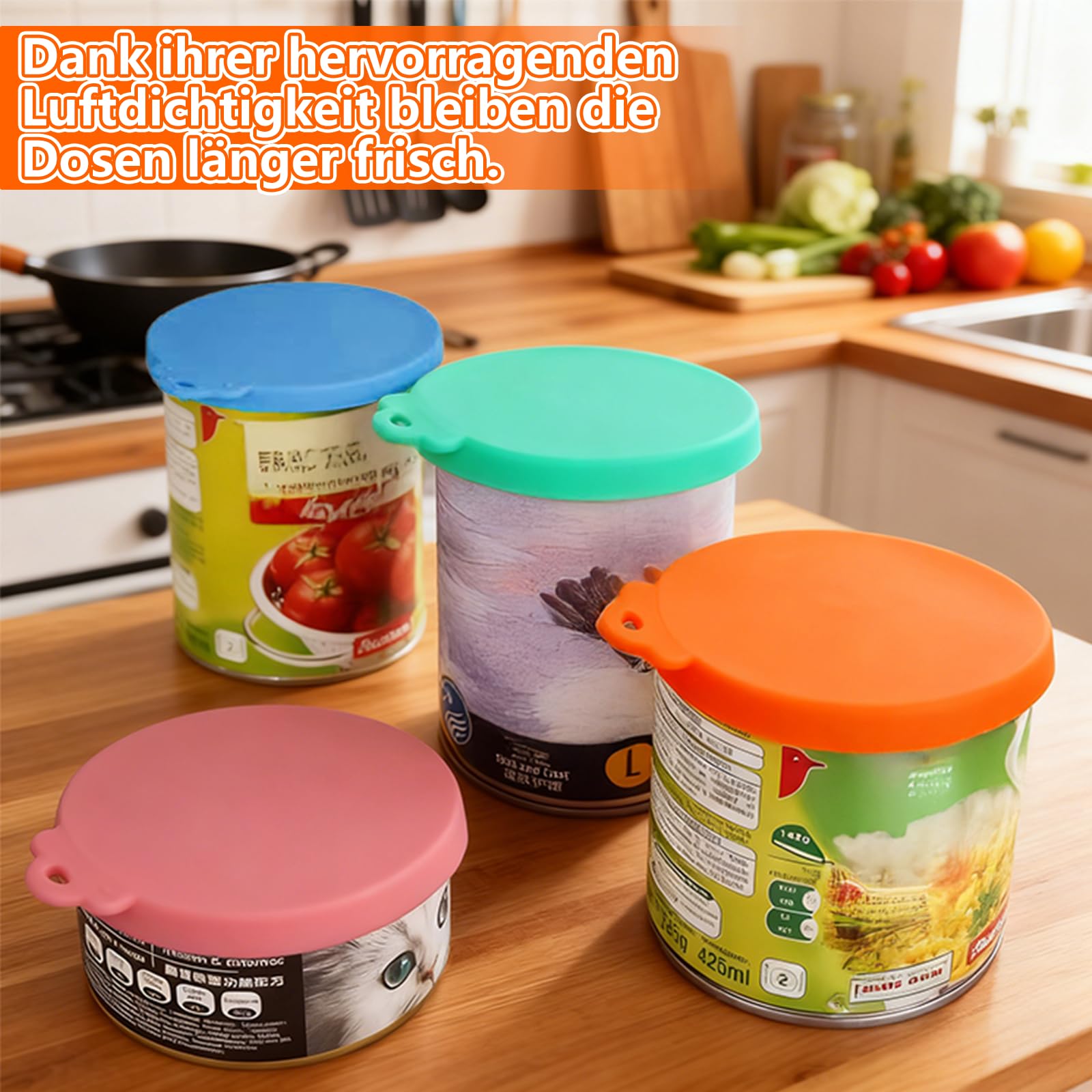 4 Couvercles Silicone + Cuillère – Couvercles Universels (6,5/7,5/8,5 cm), Extensibles & Réutilisables, Sans BPA, Lavable au Lave-vaisselle – Pour Boîtes de Nourriture Animaux