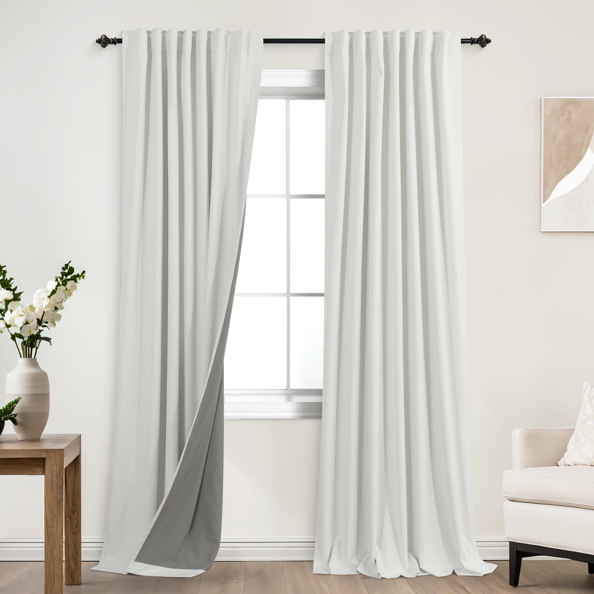 KOUFALL Blackout Curtains 90 Inches Long,Linen Textured Back Tab Black Out Pleat Drapes for Living Room 52x90 52 x 90 Inch Length 2 Panel Set,Cream