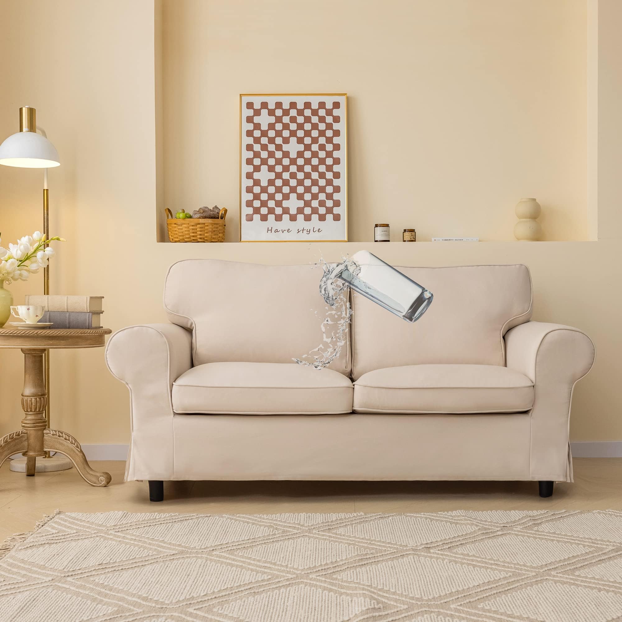 Beige Ektorp Loveseat Cover, Custom Made Compatible for IKEA Ektorp 2-Seat Sofa Cover, Linen Style Waterproof, 5 Pieces
