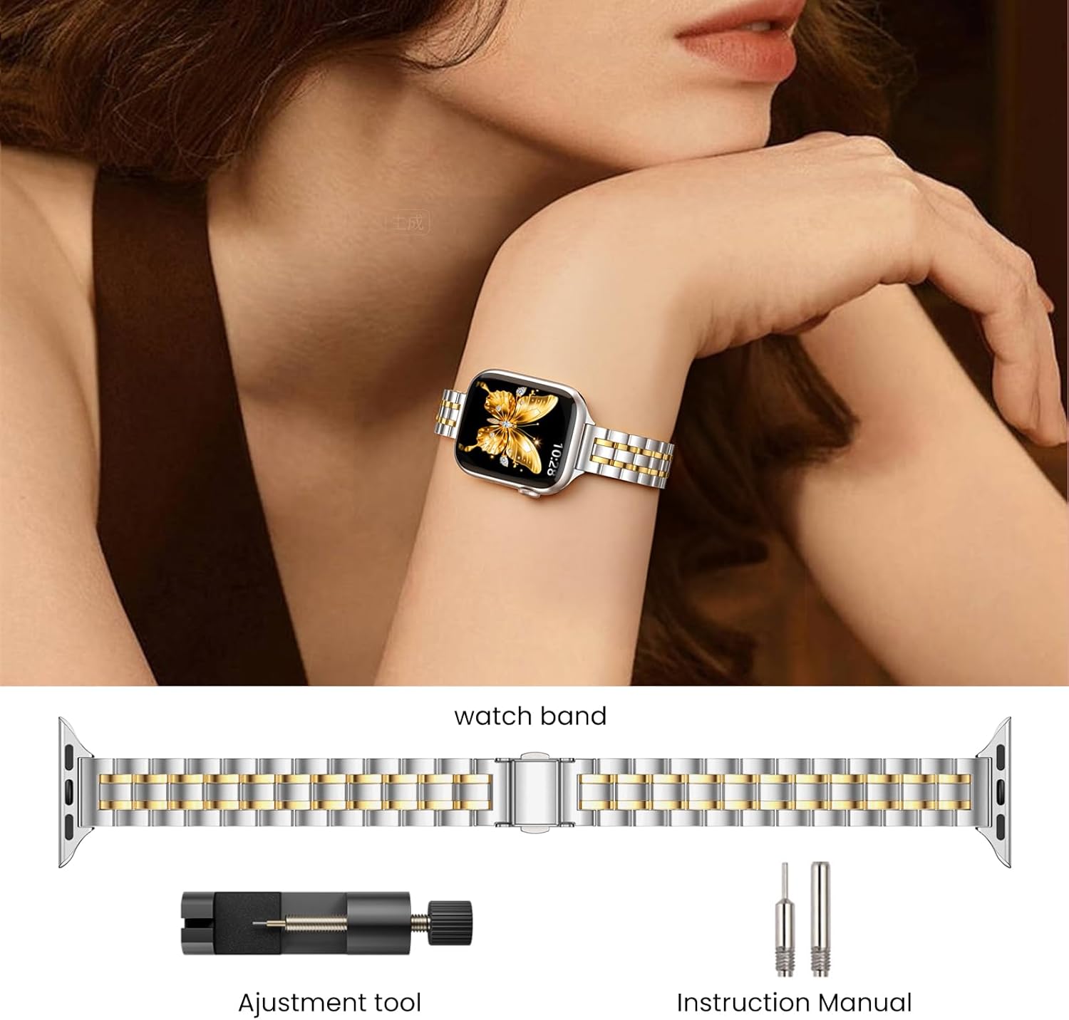 STIROLL Thin Replacement Band Compatible for Apple Watch 38mm 40mm 41mm 42mm(Series 11 10), Stainless Steel Metal Wristband Women Men for iWatch Ultra SE Series 9 8 7 6 5 4 3 2 1, Silver Gold - Image 4