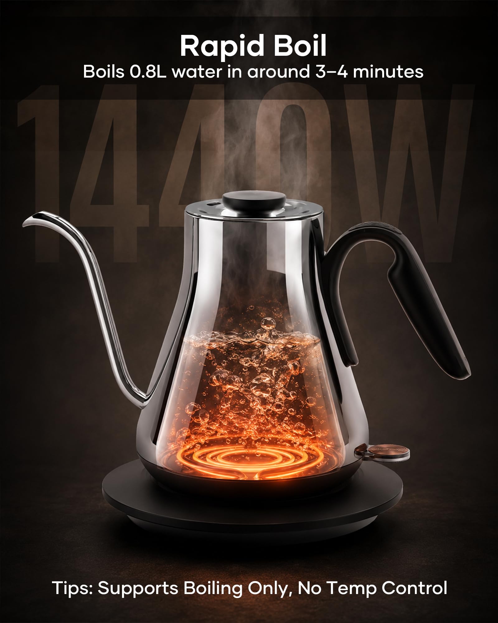 Cocinare Hervidor eléctrico de cuello de cisne de 0,8 l, 1440 W, boquilla de flujo de precisión de ebullición rápida para verter café y té, interior de acero inoxidable 304 sin BPA, apagado automático