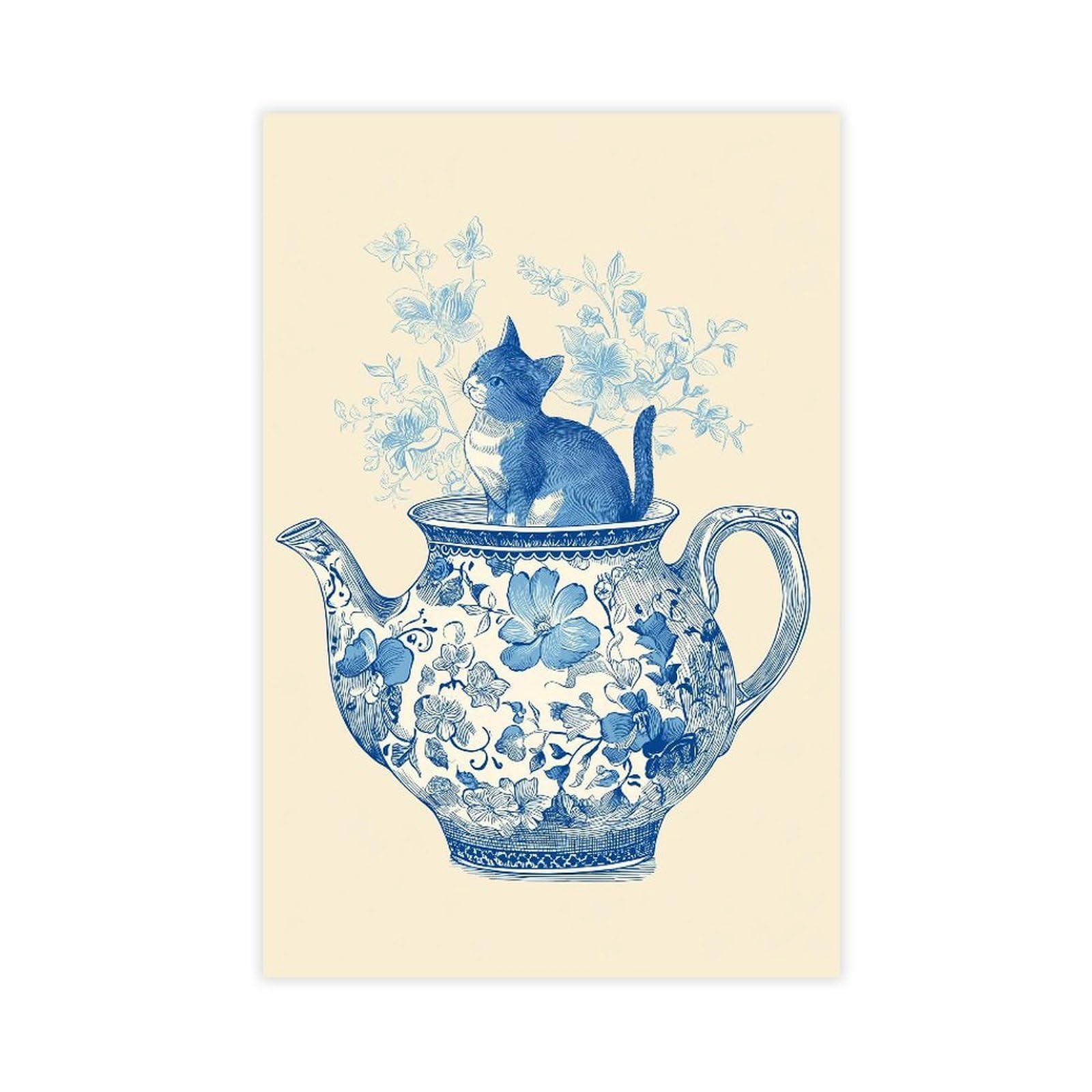 MRYCQ Blue Chinoiserie Kitten Teapot Poster Canvas Poster for Dorm Room Decor Gift