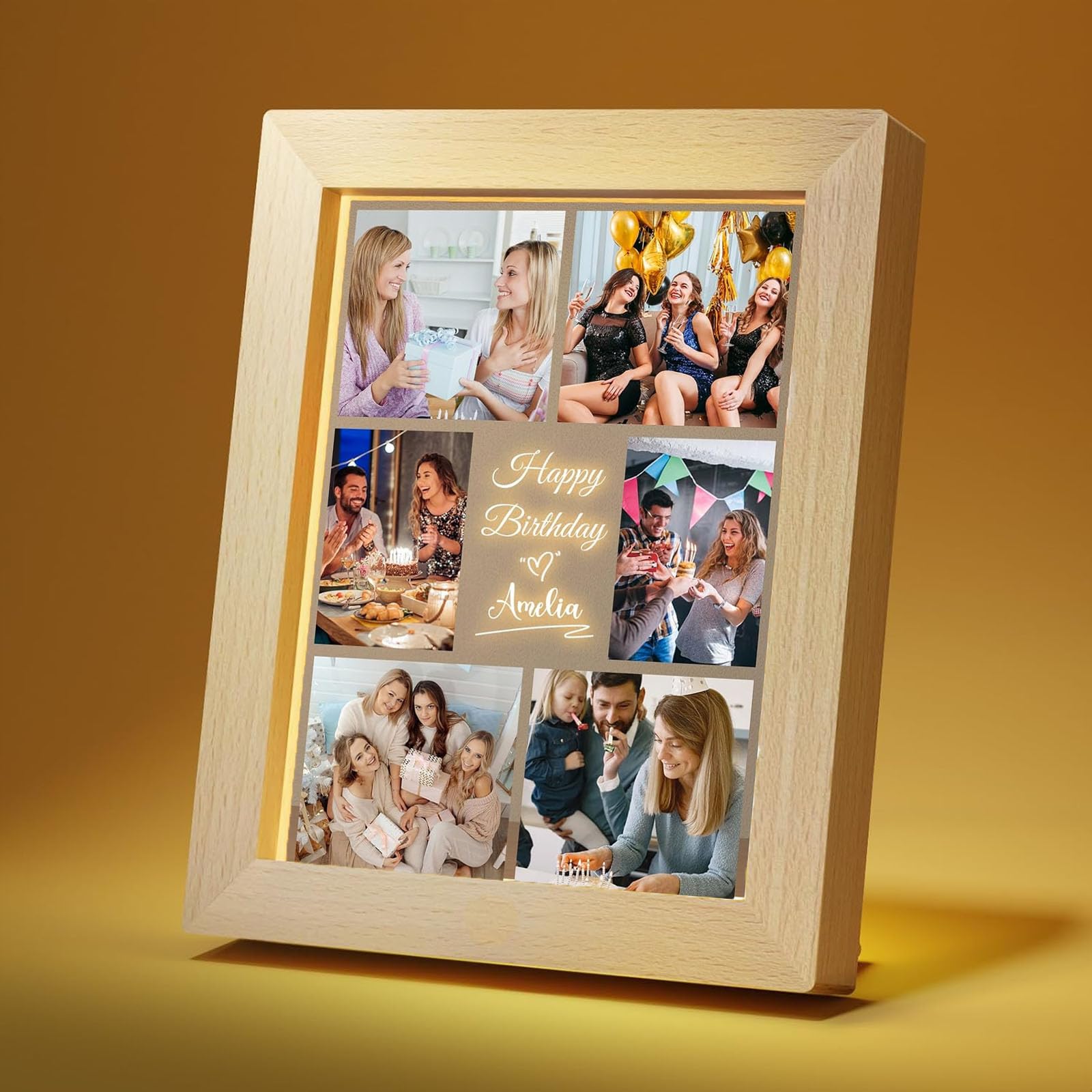 Cuadro Personalizado con Foto, Marco de Placa Acrílico Personalizado con Luz, Regalo Marco de Fotos Luminoso Personalizado para Cumpleaños Aniversario Boda Familia Amigos Mamá Papá Niños (6 Fotos)