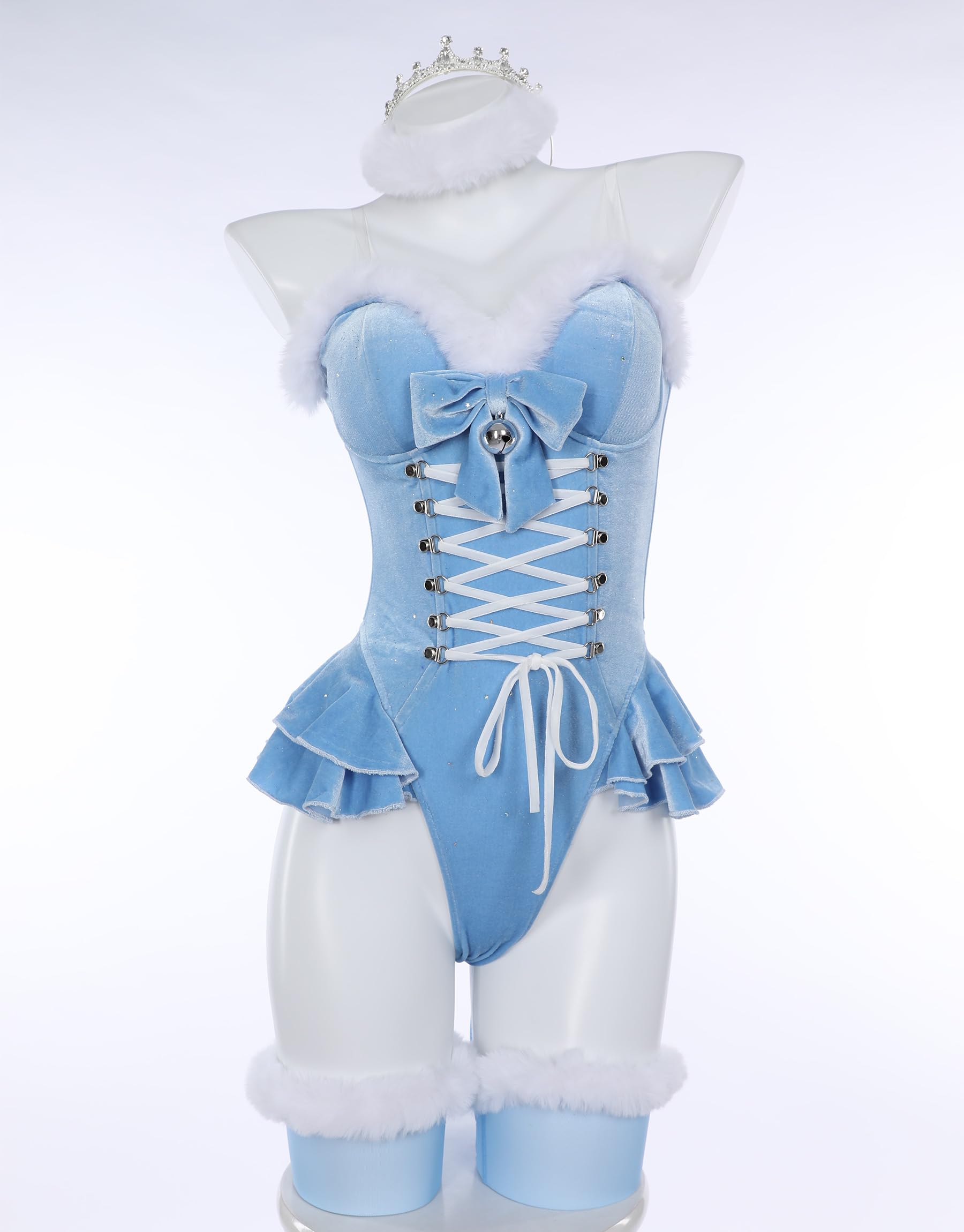 MEOWCOS Women's Bodysuit Queen Cosplay Costume Halloween Christmas Bodysuit Cape Set with Crown Cloak Gloves Socks: X-Large Blue