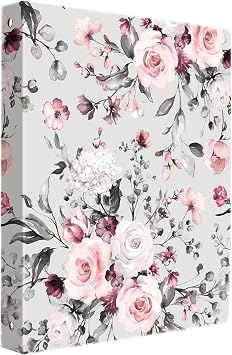 Cute 3 Ring Binder, 1-Inch Round Ring with Floral Interior Pockets for Organization, Fits 175 Sheets of 8.5x11 Paper for Organizing Projects, Presentations, Interview, Recipe, Gray, 1-Pack