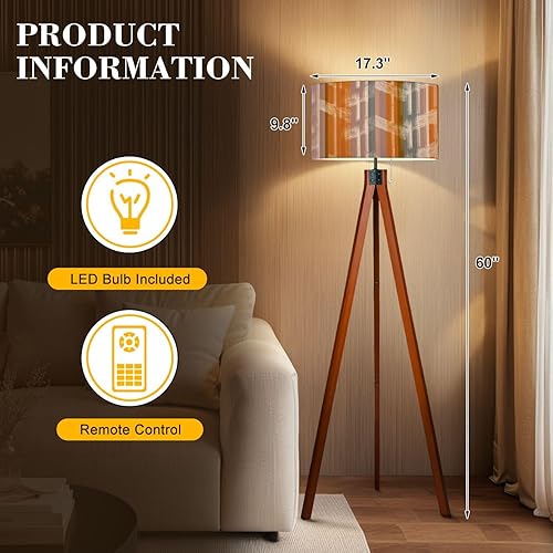 Miniatura 2 de Trípode de madera, lámpara de pie futurista, retro, línea artística, a rayas, texturas desgastadas, sin costuras, lámpara de pie de mediados de