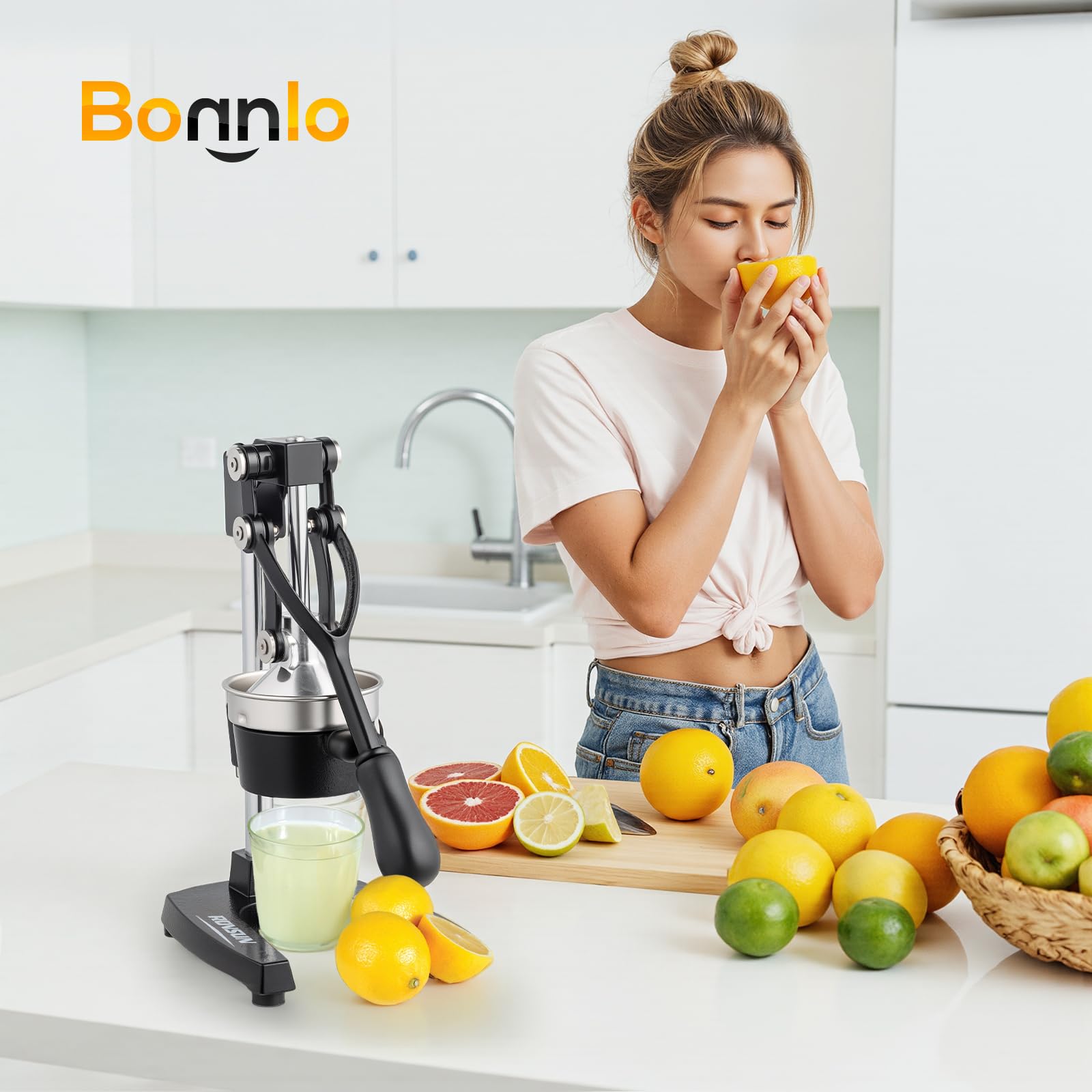 Bonnlo Presse Agrumes Manuel, presse fruit manuel, en Acier Inoxydable, Alimentaire Broyeur Jus, Orange Limon Citron Pommes Grenade, Noir