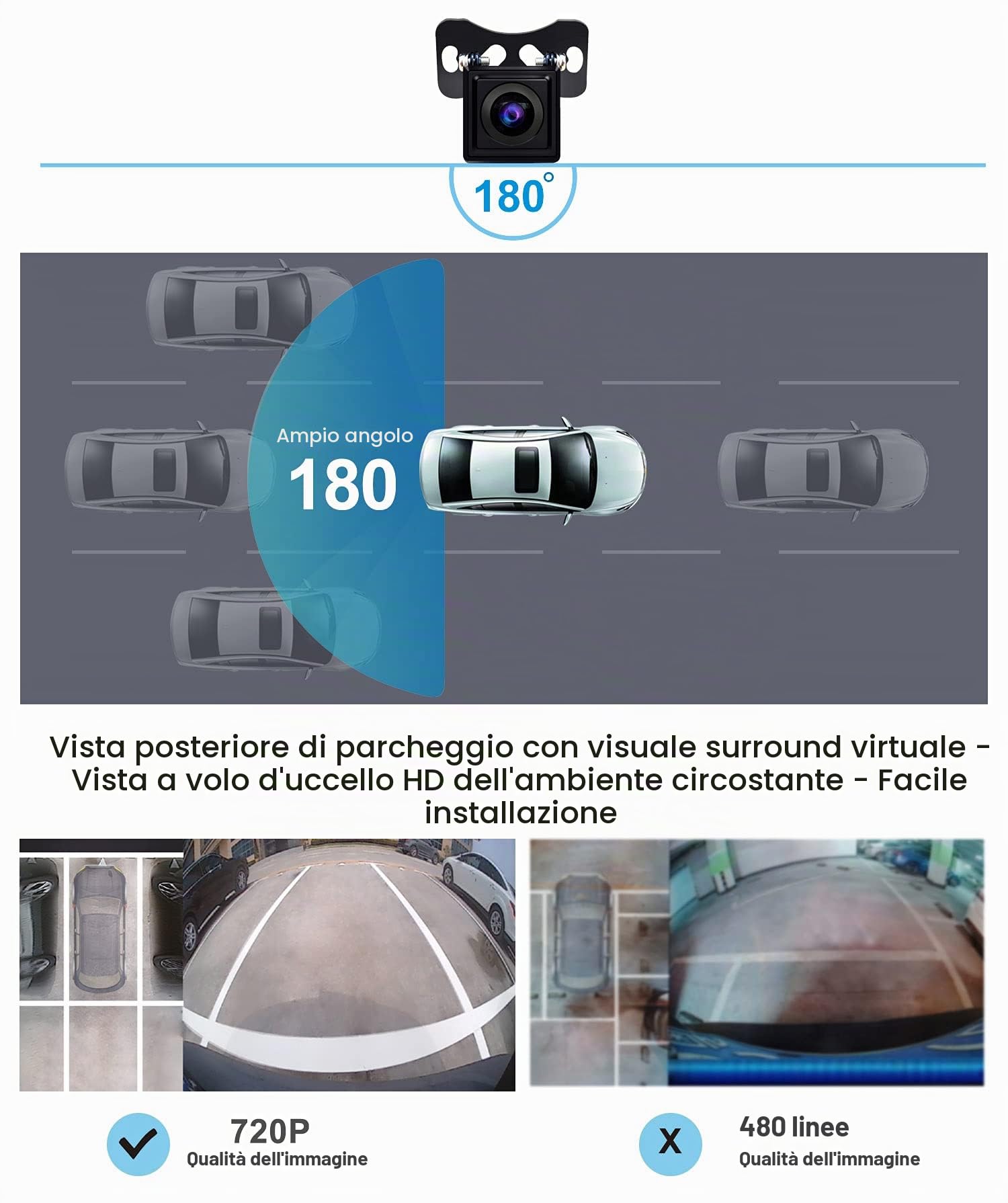 ATOTO AC-HD03LR 720P Telecamera Posteriore(grandangolo 180°),Parcheggio VSV | LRV, visione notturna e impermeabile, per A6/S8(escl.S8 PN/UN/MS/S8L/GEN4)