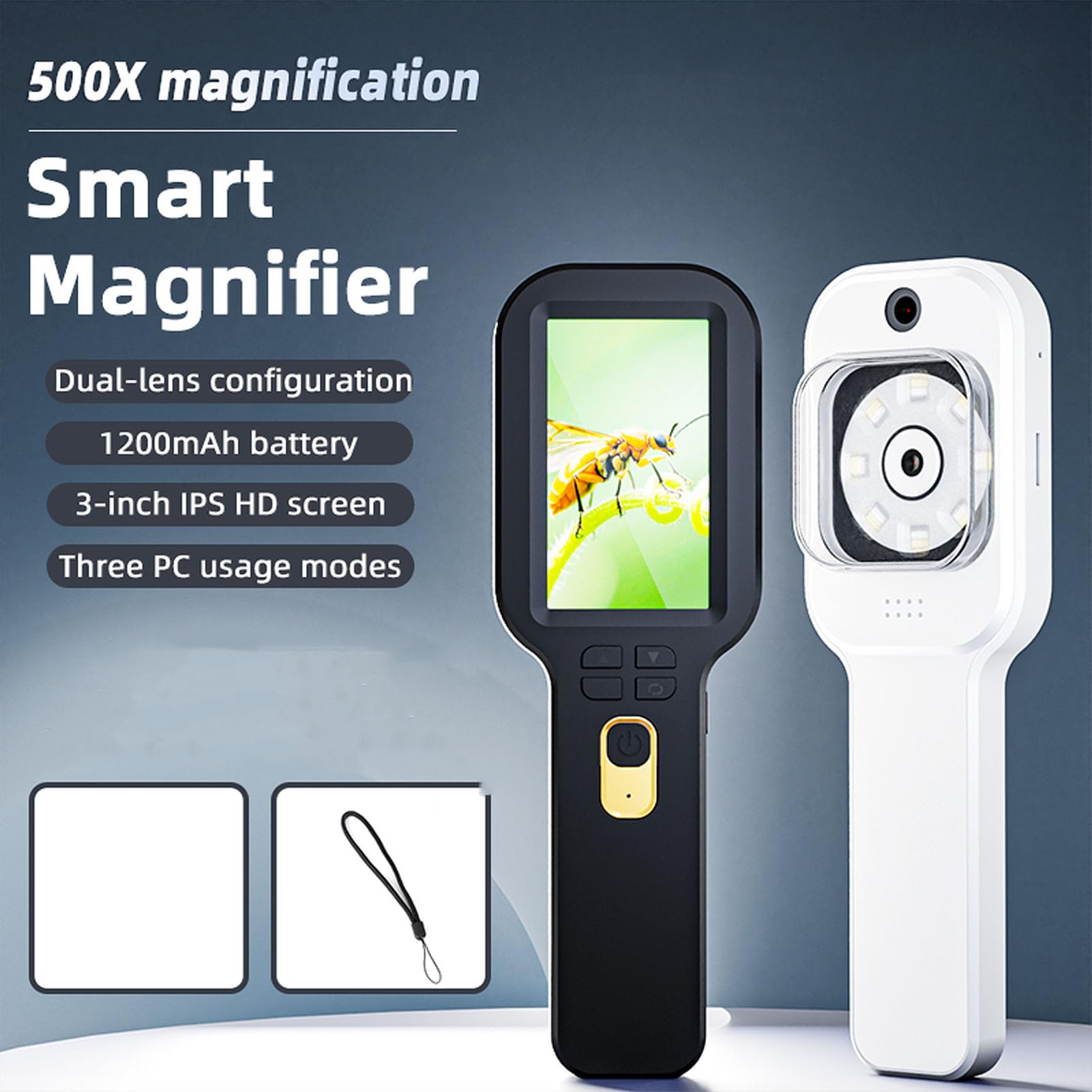 Microscopio Digital Portátil, Lupa Digital de Mano 5X-500X con Lente Dual, Pantalla HD 3,0 Pulgadas, Lupa de Bolsillo Microscopio Marco para Observación Exploración Niños (White)