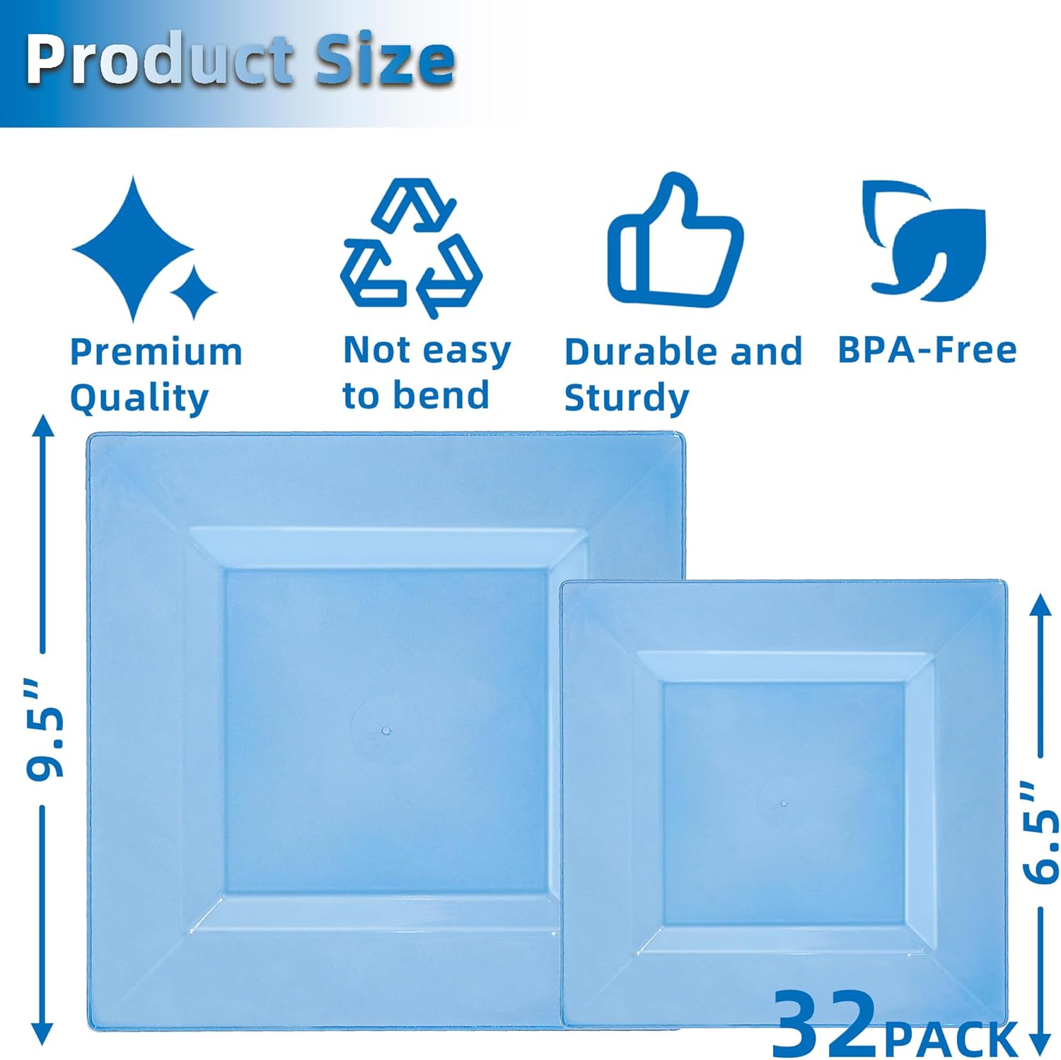 64 Pcs Transparent Blue Plastic Plates, Square Disposable Plastic Plates for 32 Guests, Fancy Party Dishes 6.5 inch Dessert/Salad Plate and 9.5 inch Dinner Plate for Party, Wedding