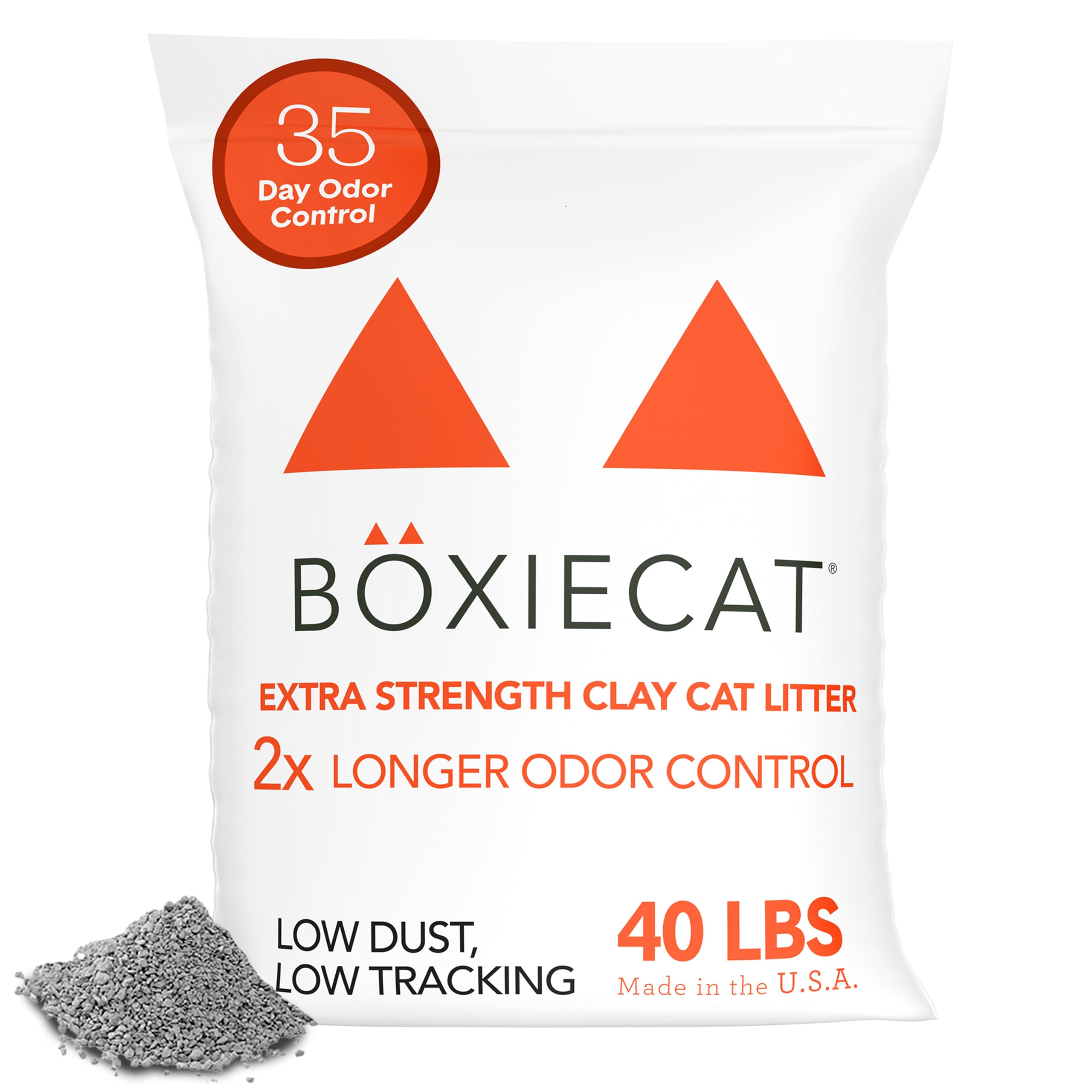 Boxie Extra Strength 35 Day Odor Control Clumping Clay Cat & Kitty Litter 40lb, 99.9% Dust-Free, Probiotic Formula, Long-Lasting, Veterinarian Approved, Easy Scooping for Multi-Cat Homes