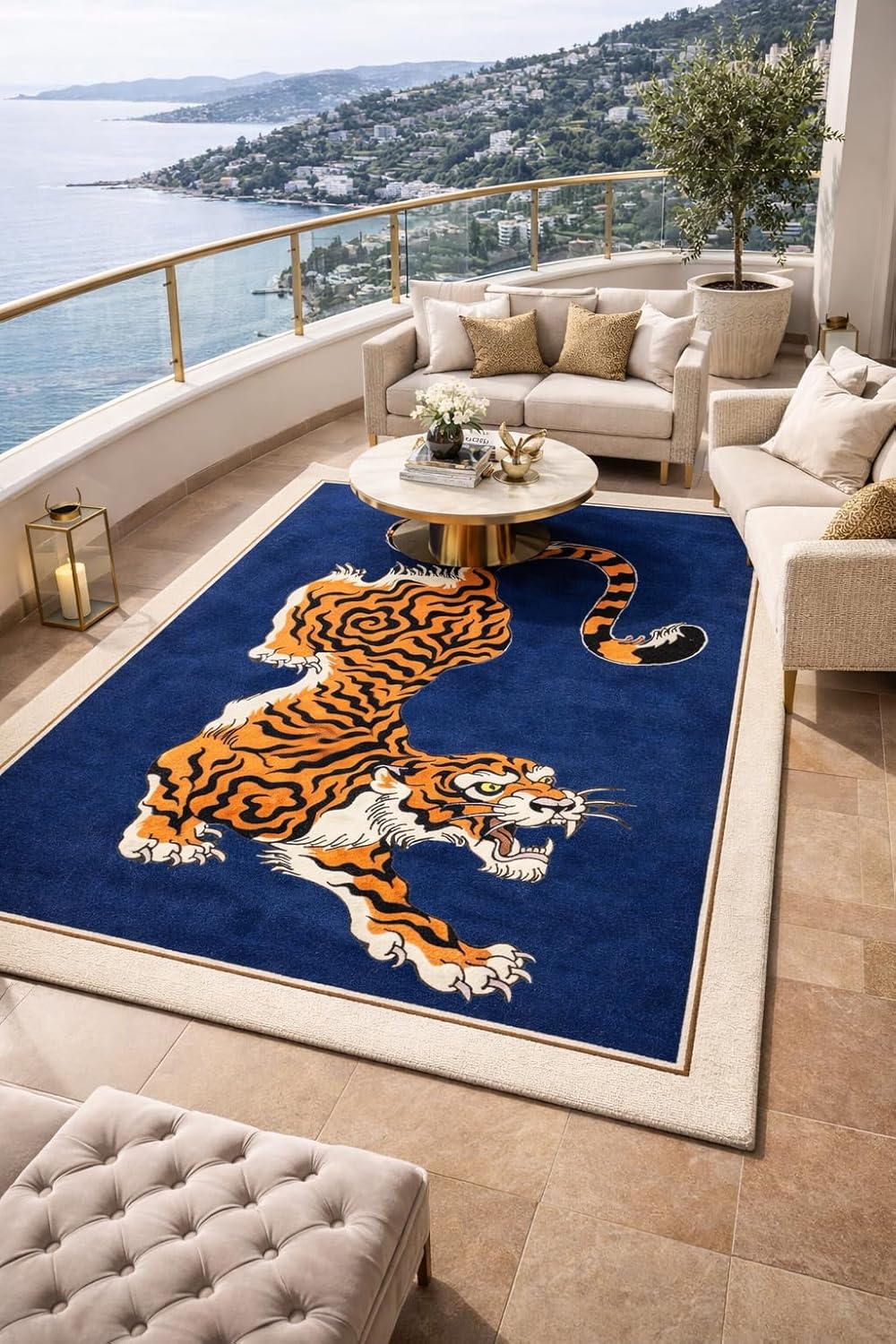 Tiger Area Rug, Navy Blue with Cream Border, Orange and Black Design, Modern Asian Inspired Decor (Blue, 12 * 16 feet)