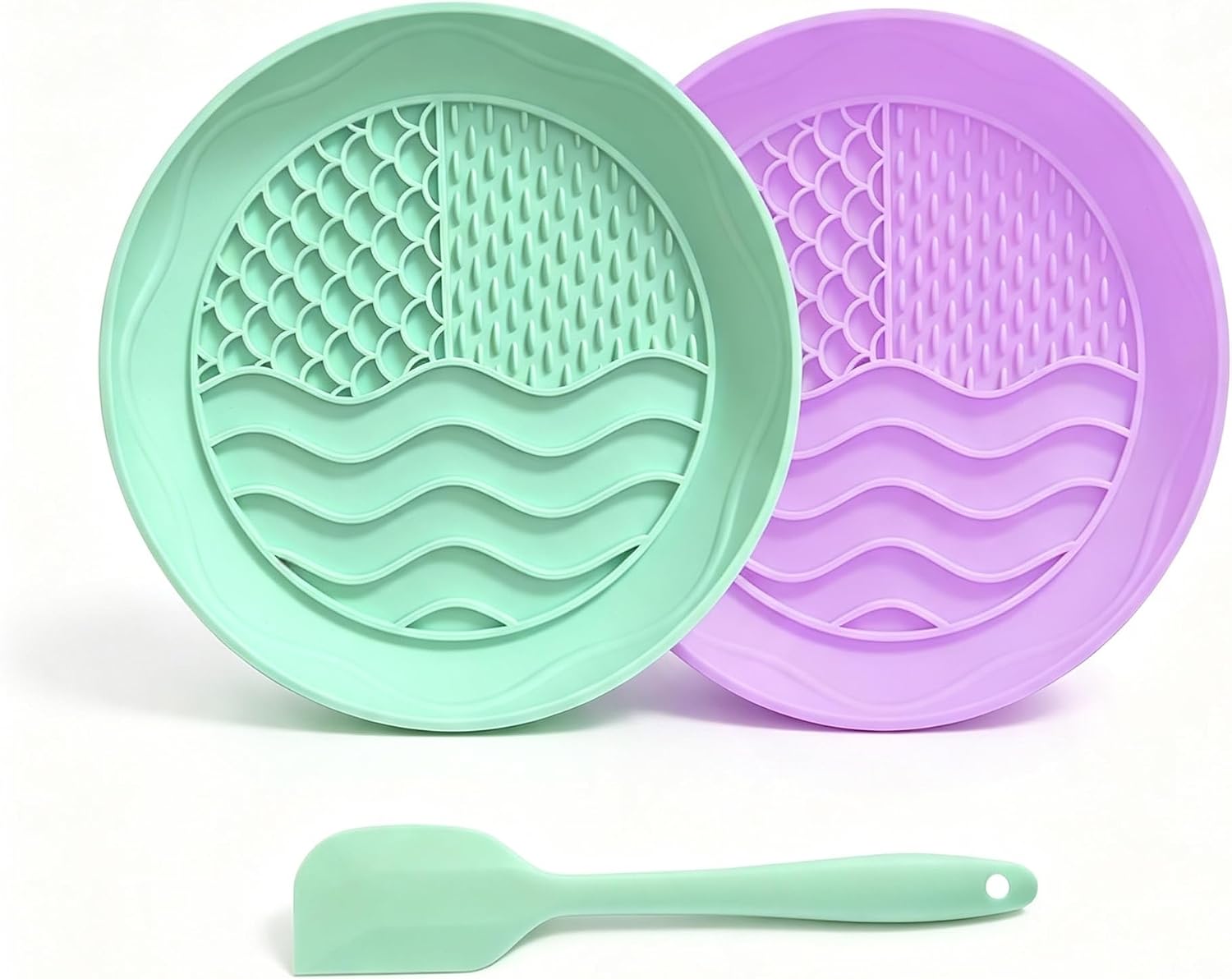 2Pcs Lick Mat for Dogs Cats,Suction Slow Feeder with Fish Scale | BPA-free silicone circle mats stick to walls/fridge.With scraper.Relieve anxiety and slow feeding.