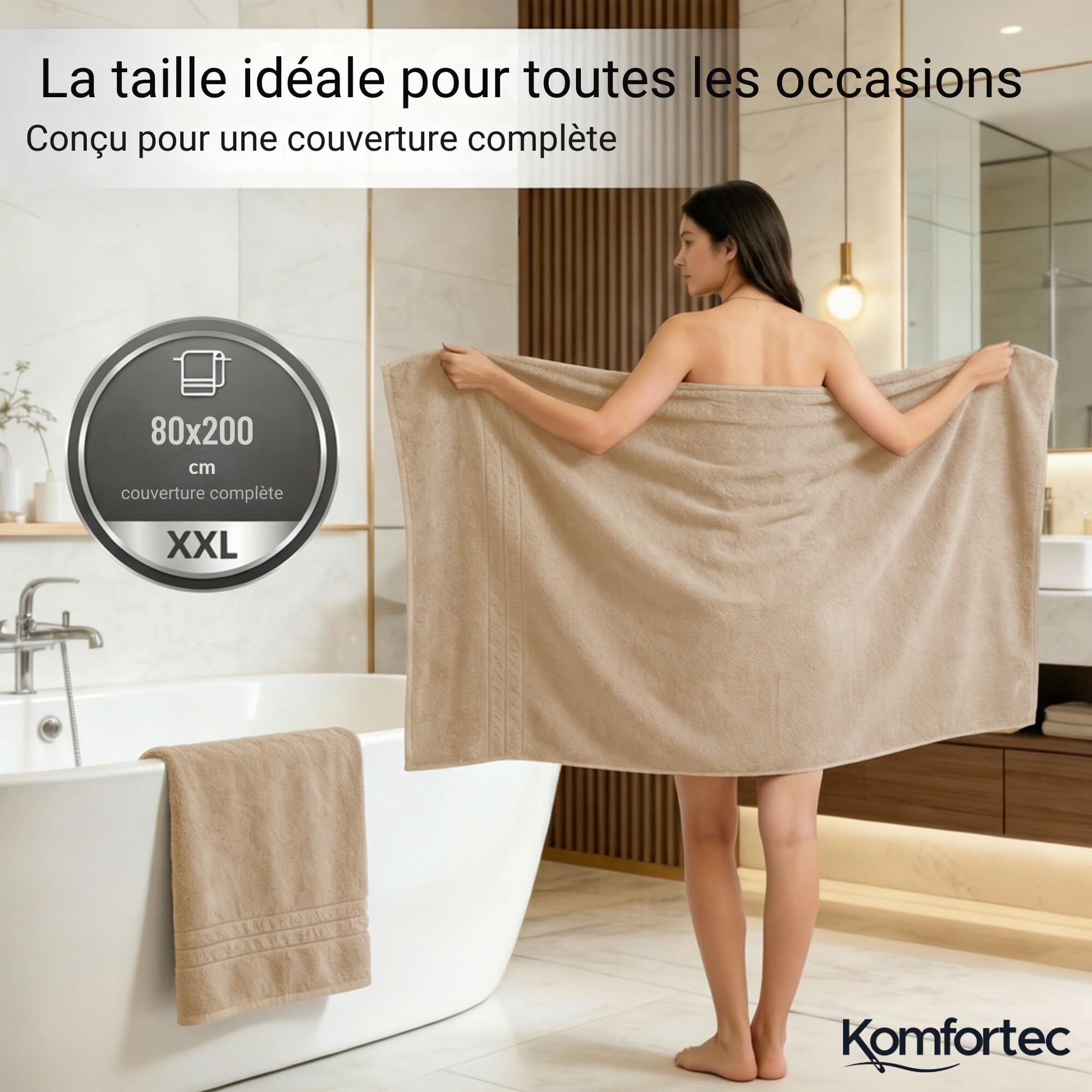 Komfortec Lot de 2 Serviettes de Sauna 80 x 200 cm 100% Coton XXL Beige