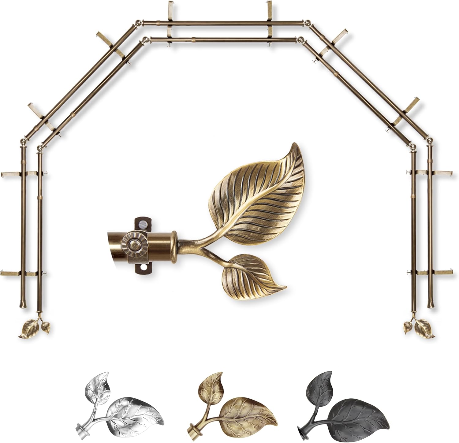 A&F Rod Décor - Leaf 13/16" 5-Sided Double Bay Window Curtain Rod - Antique Brass