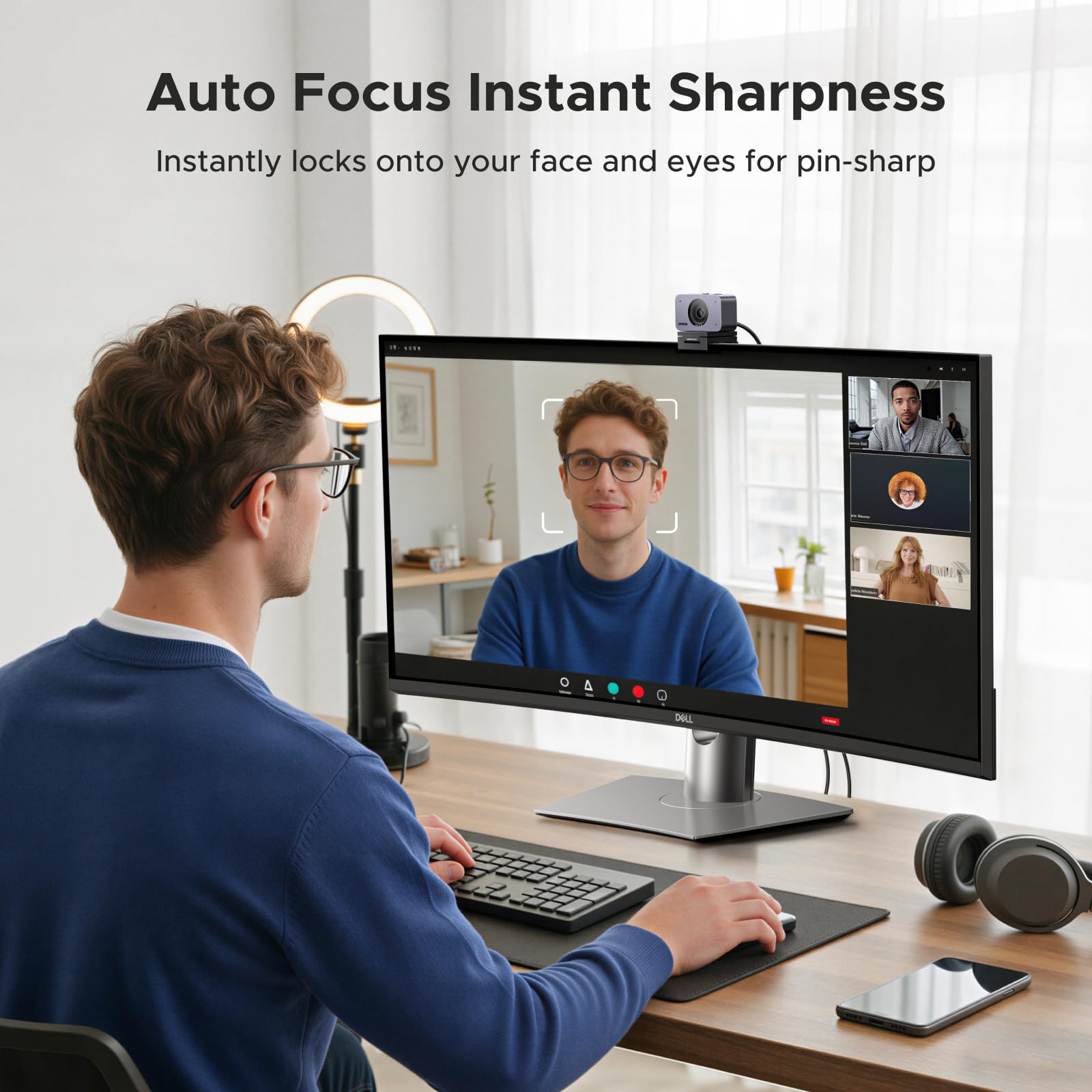 UGREEN FineCam 4K, Autofokus, Podwójny Mikrofon, Face AE | UHD Kamera 4K 30FPS, 70°FOV, Face AE, Redukcja Szumów, Tryb Portretowy, Statyw, USB-C, PC/Laptop/Windows/Mac