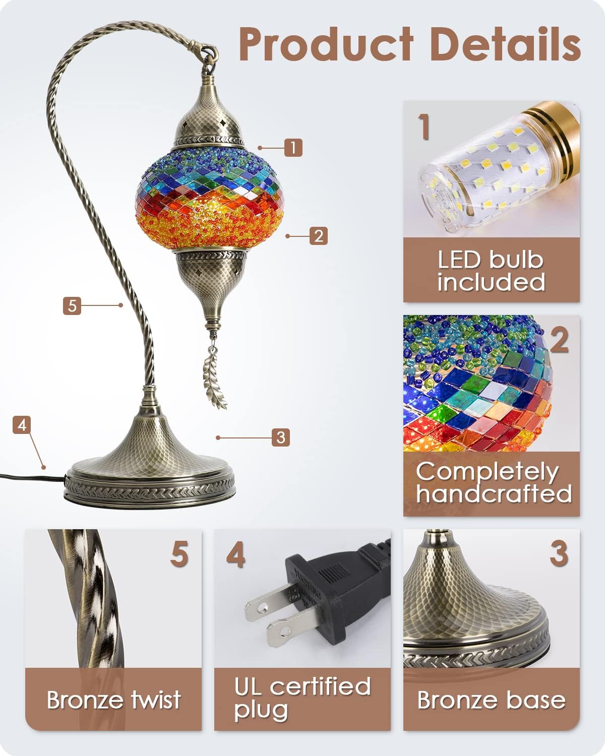 Yarra-Decor Turkish Moroccan Mosaic Table Lamp with Bronze Base - 3 Color Options Handmade Swan Neck Tiffany Mosaic Glass Bedside Lamps for Bedroom, 19" Color2(LED Bulb Included)