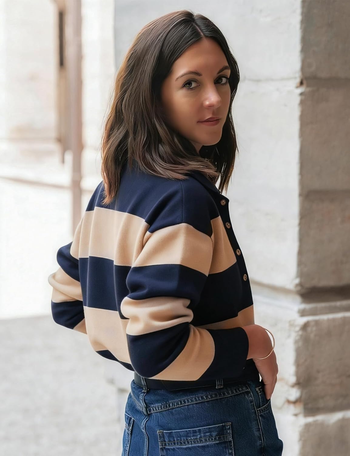 Rugby Polo Sweater for Women Striped Collared Sweaters Shirt Long Sleeve Knit Y2K Casual Pullover Top - Image 5