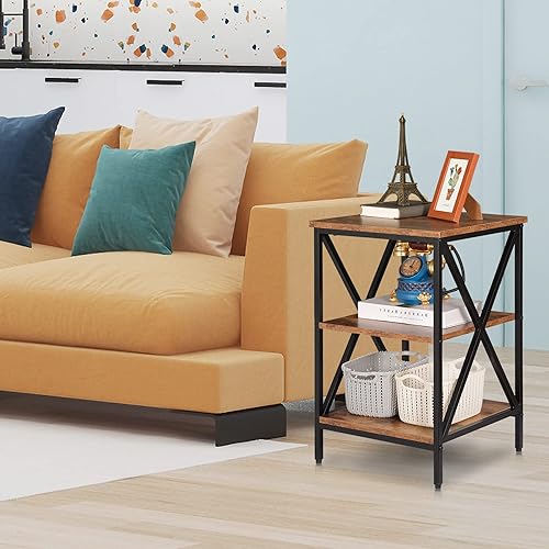 Miniatura 2 de Nouva Mesa auxiliar industrial de 3 niveles con estantes, mesa cuadrada resistente, mesa auxiliar para sofá, mesa auxiliar con diseño de X marco de