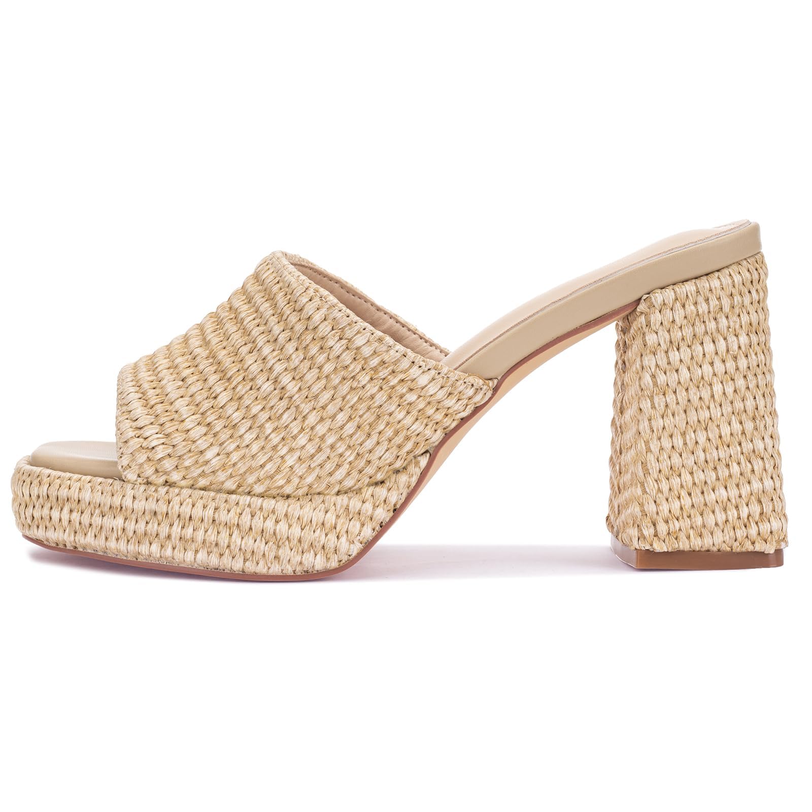 Monrovia Raffia Heeled Sandals for Women,Platform Wedge Slip On Block Heel, Dressy Summer Open Toe Chunky High Heel Vacation Beach Slides Sandals