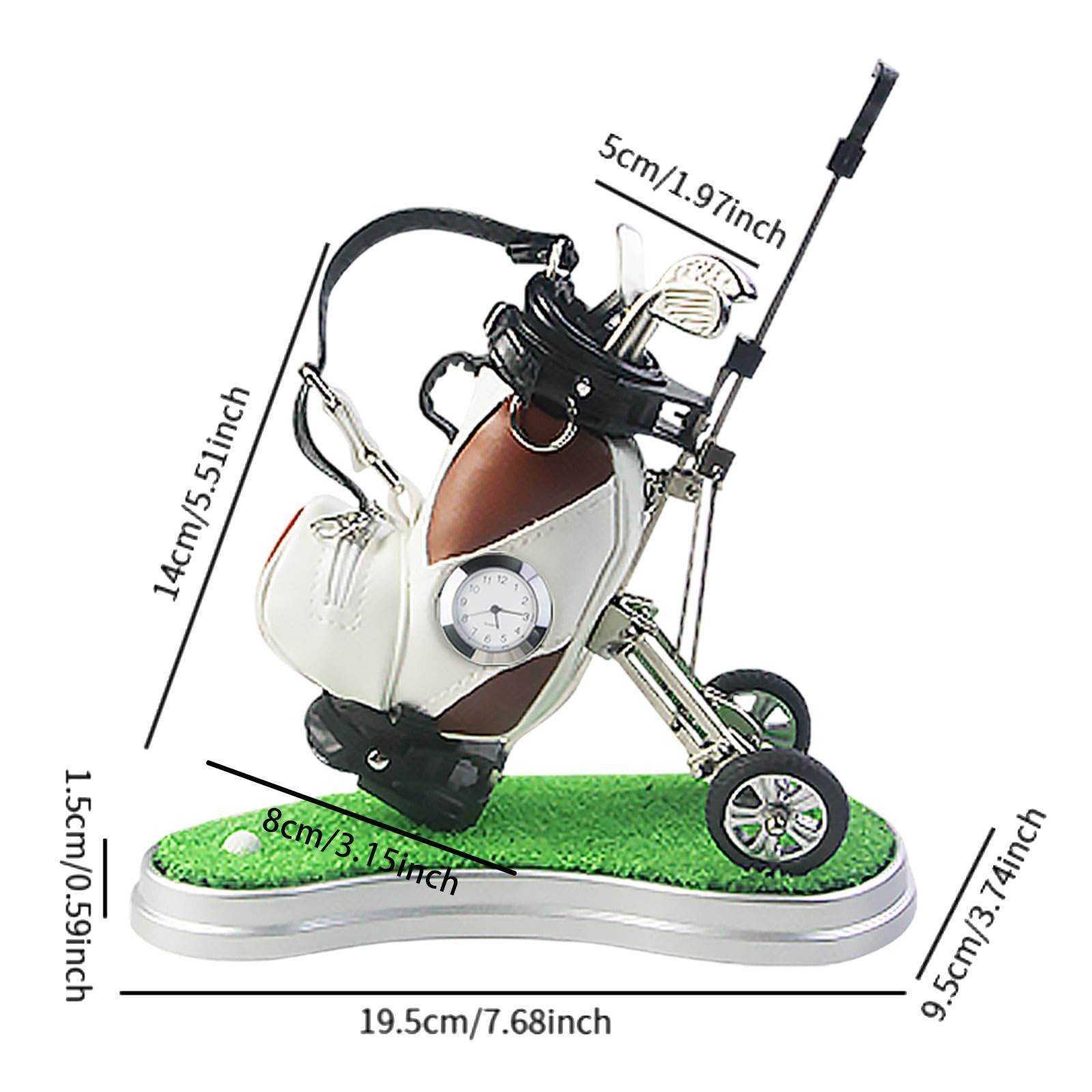 Golf Bag Pen Holder Mini Golf Tasche Stifthalter mit Uhr Und Kuli Halter Aus Robustem PU Und Metall für Geschenk Büro Zuhause Schreibtischdekora, Braun Weiß