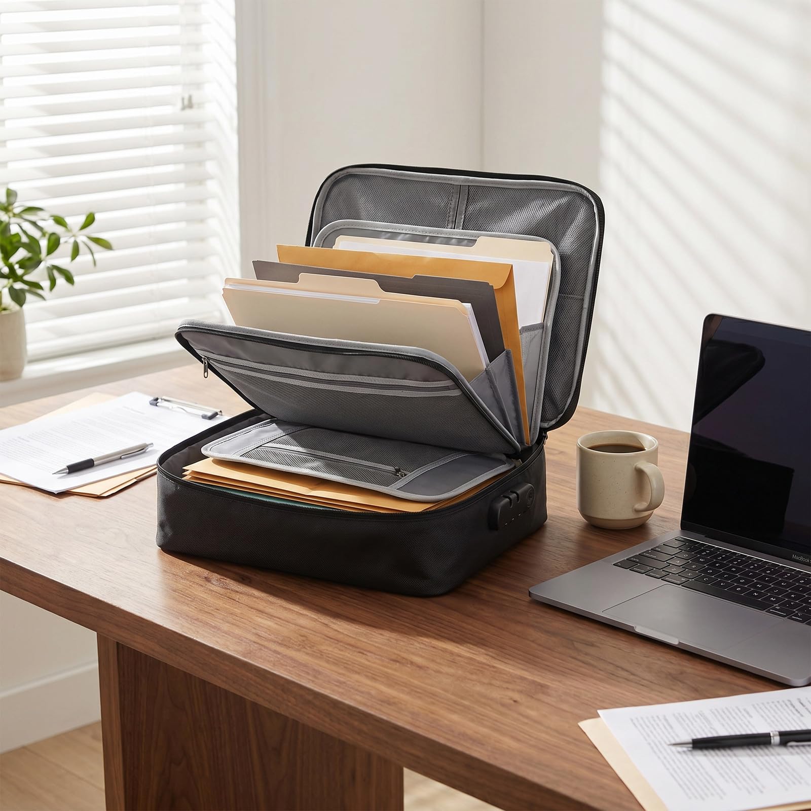 Artibetter Scatola organizer per documenti ignifuga con cerniera, tasche a rete, scomparti per carte, borsa portadocumenti ignifuga portatile per, documenti importanti, certificati, carte