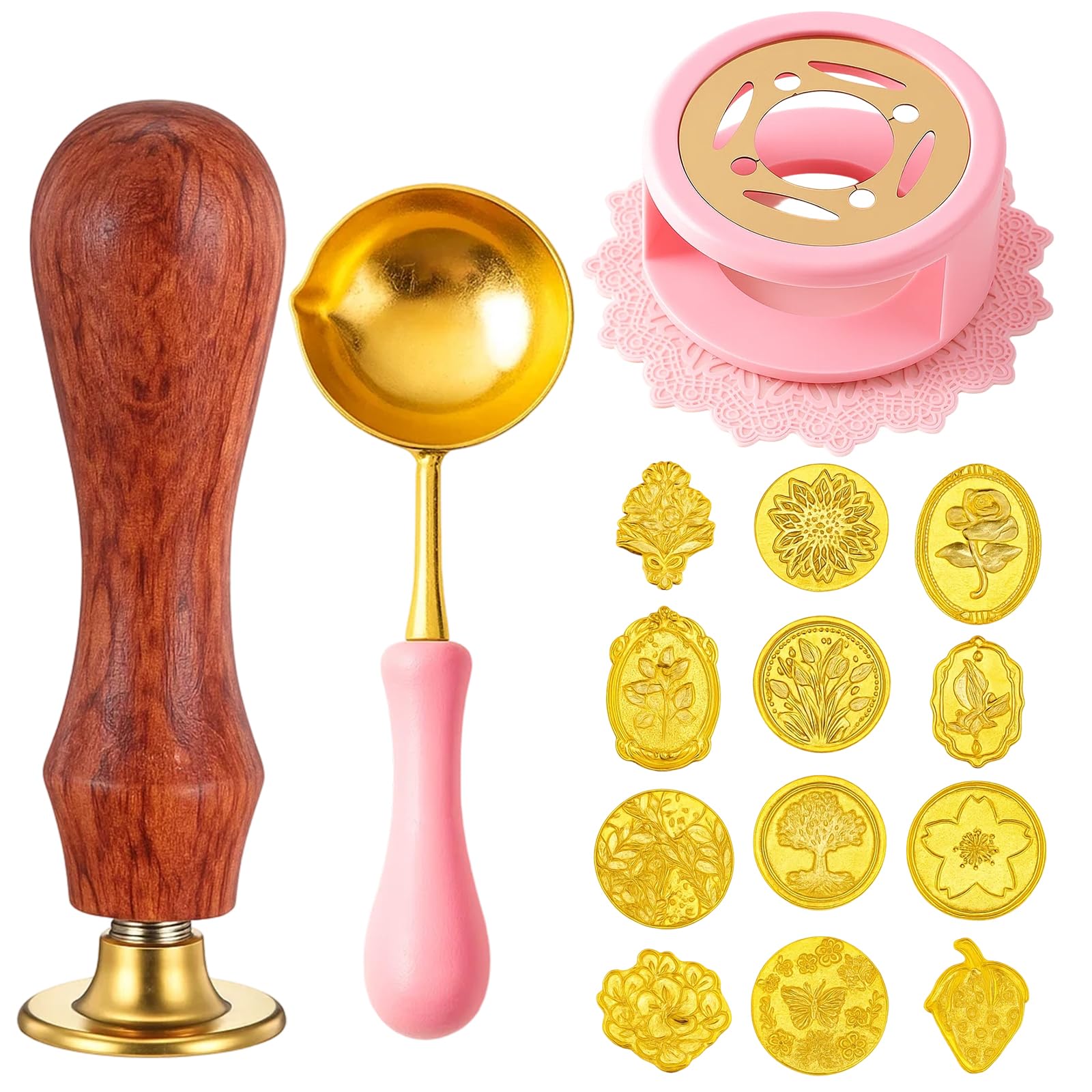 15-Piece Wax Seal Kit, Premium Sealing Wax Set with Thickened Furnace, Metal Spoon & 12 Wooden Handle Stamps for Letters, Invitations & Craft