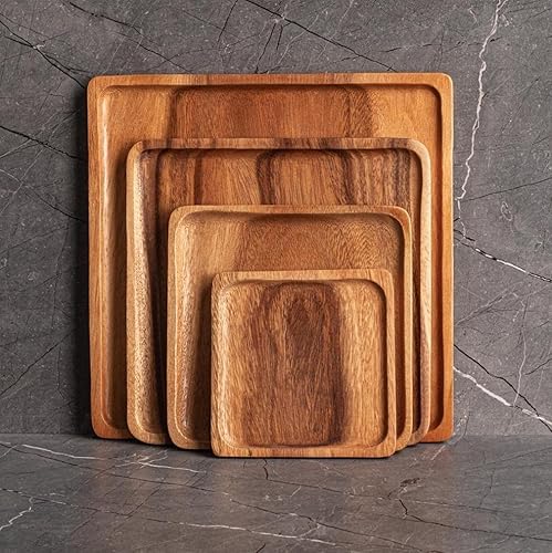 SiamMandalay Platos anidables de madera de acacia cuadrados de lujo (juego de 4) platos de madera para servir platos y postres, vajilla de cocina o