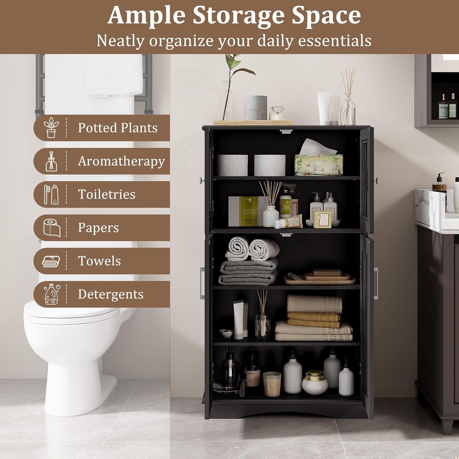 Black MDF Living Room Cabinet with Adjustable Shelving and Glass Doors