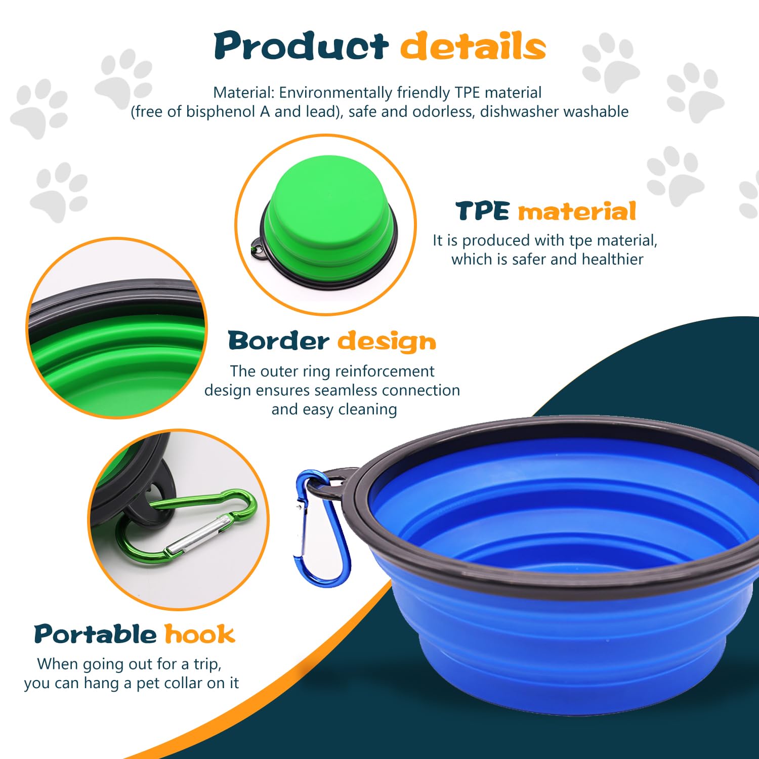 Lot de 2 gamelles pliables en silicone pour chien - Gamelles d'eau et de nourriture pour animaux domestiques avec boucles - Tasses et assiettes - Portable pliable et extensible