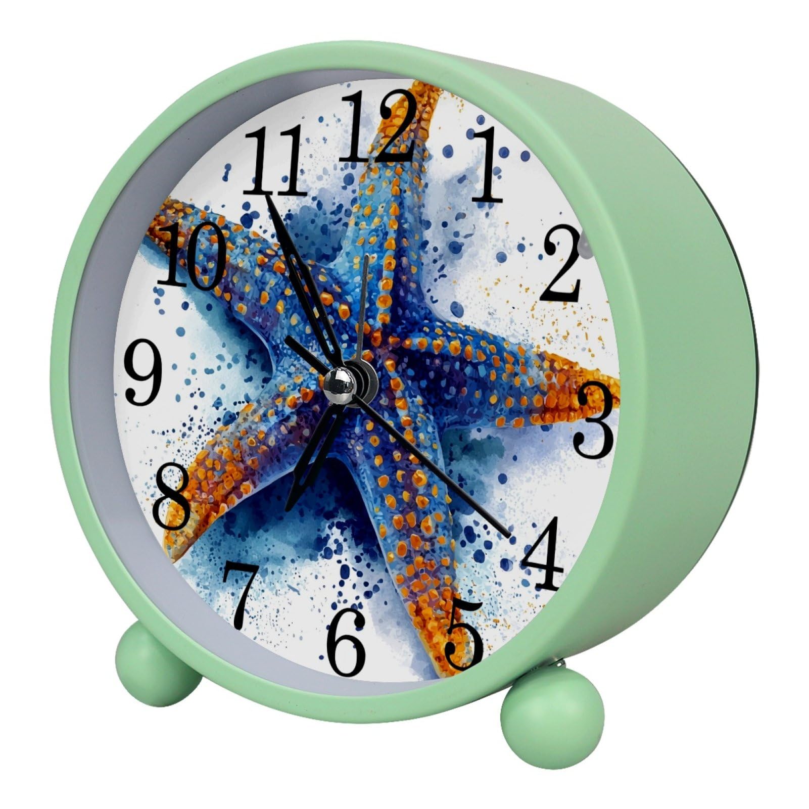 etoenbrc Stained Starfish Silent Analog Alarm Clock Round Battery Operated Bedside Alarm Clock Plastic Table Clock for Living Room Bedroom