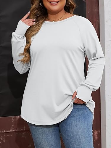 Miniatura 2 de Camiseta básica de manga larga para mujer, talla grande, cuello redondo, ajuste holgado, para verano, camiseta básica