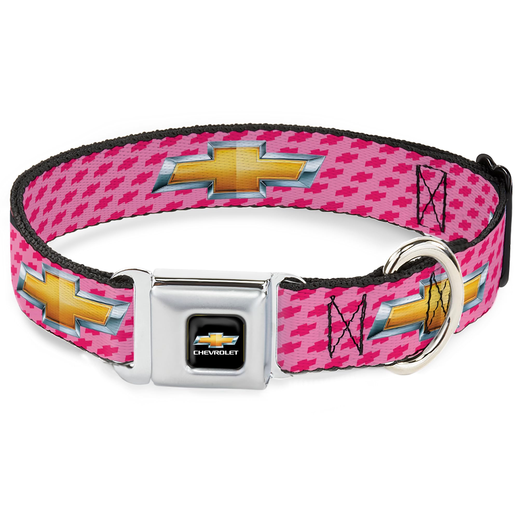 Buckle-Down Seatbelt Buckle Dog Collar - Chevy Gold Bowtie w/Logo PINK - 1.5" Wide - Fits 18-32" Neck - Large