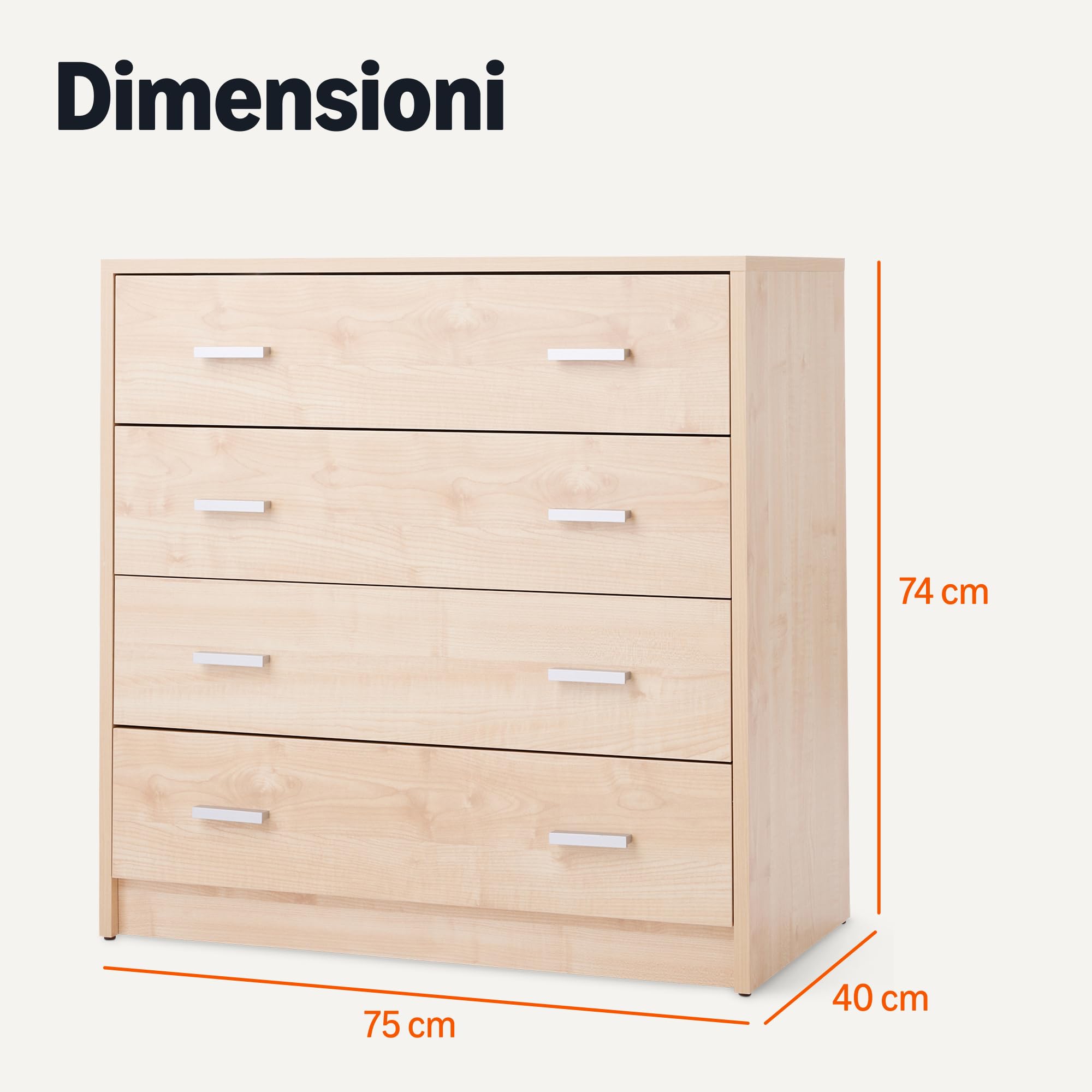 Amazon Basics, Cassettiera, Mobile per Camera da Letto a 4 Cassetti, Comò, Cassettone, Acero, 40cm x 75cm x 74cm