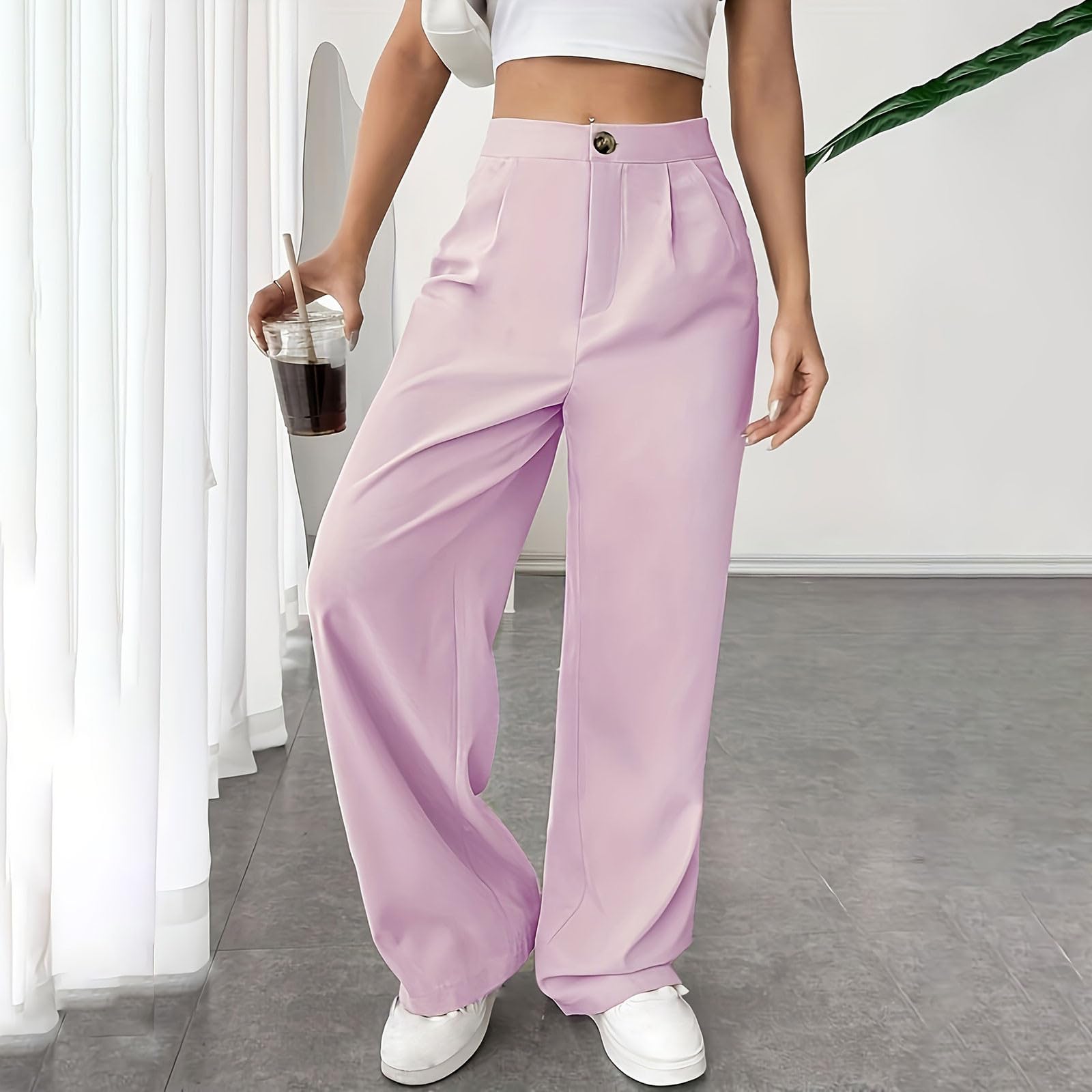 Women's Work Dress Pants Wide Leg High Waisted Casual Baggy Solid Color Slacks Business Office Long Pants with Pockets