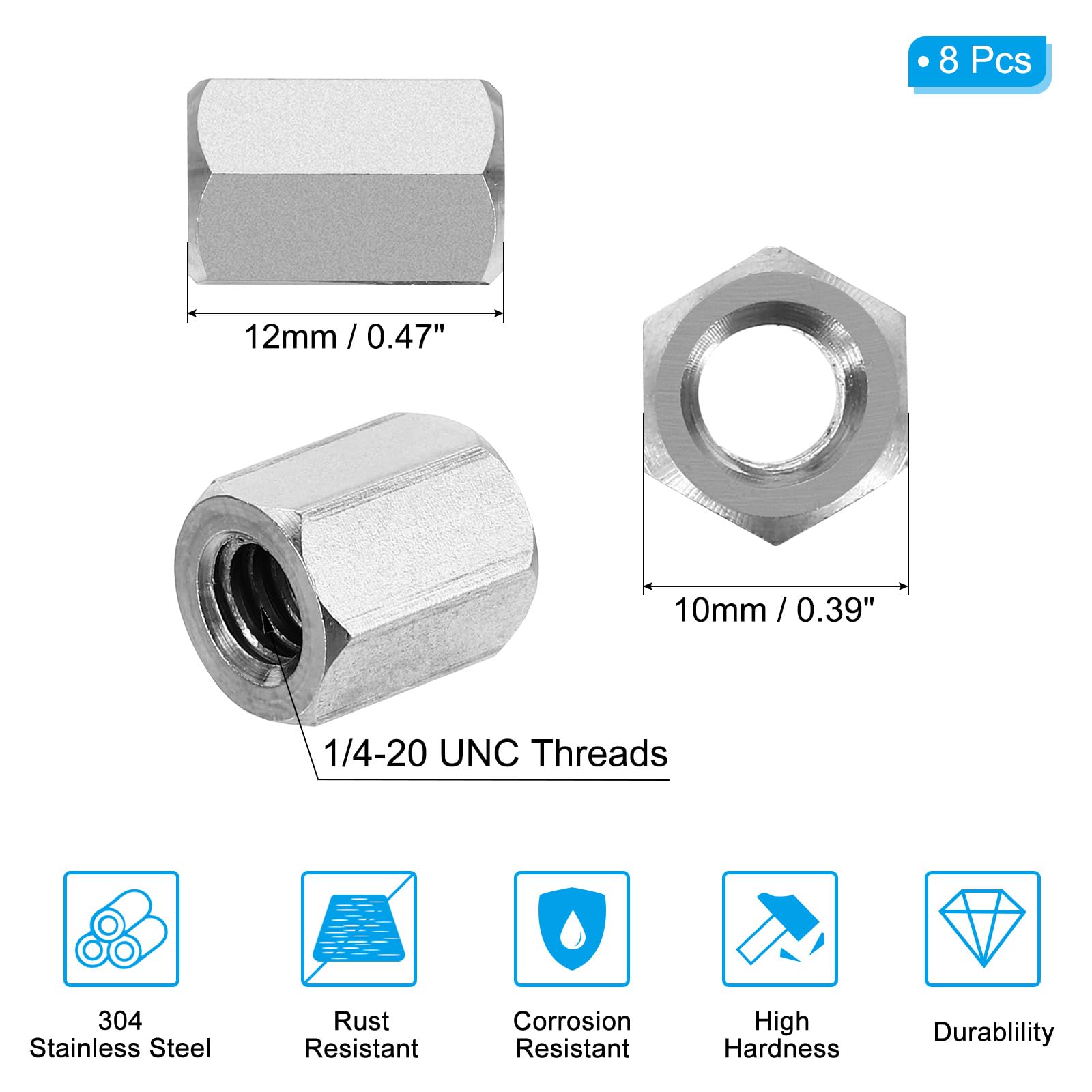 PATIKIL 1/4"-20 UNC 304 Stainless Steel Hex Coupling Nuts - Image 2
